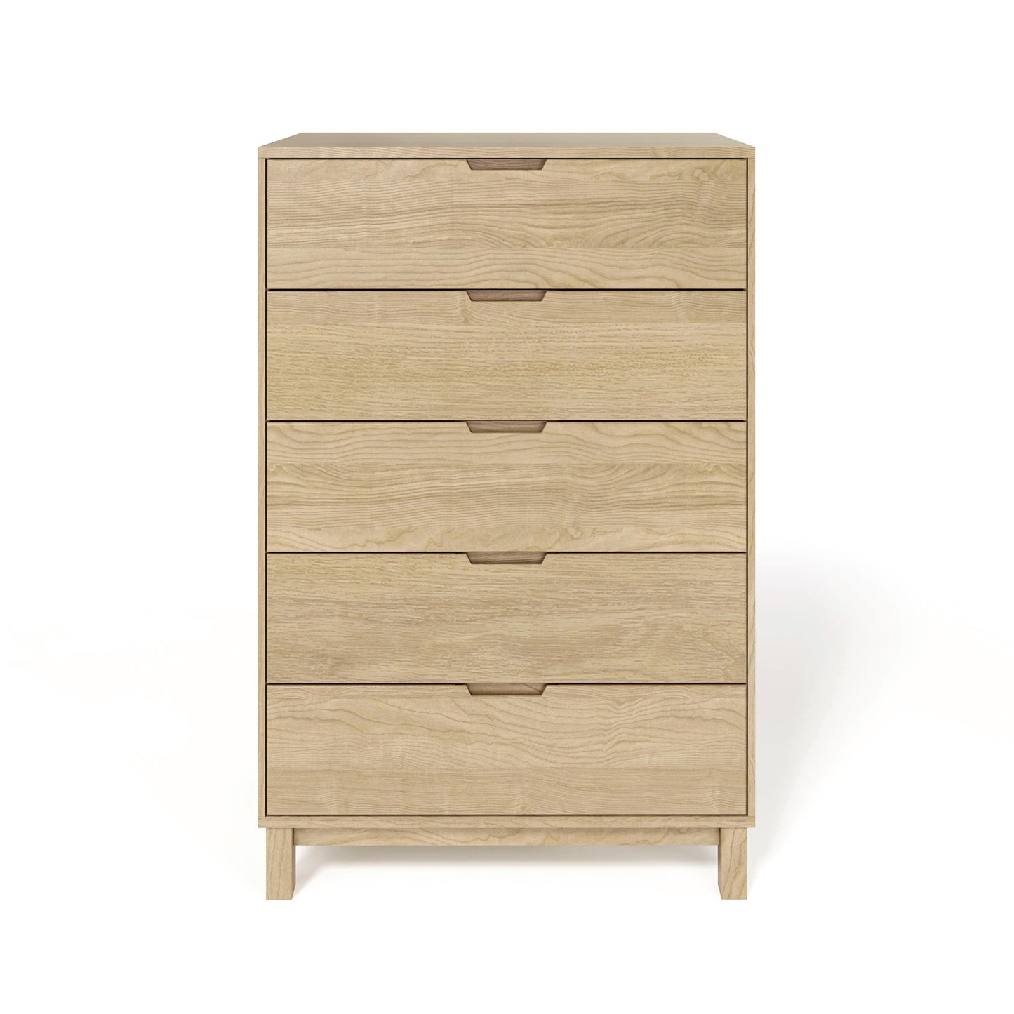 Oslo 5-Drawer Wide Chest by Copeland Furniture in solid oak with a light brown finish and four short legs.