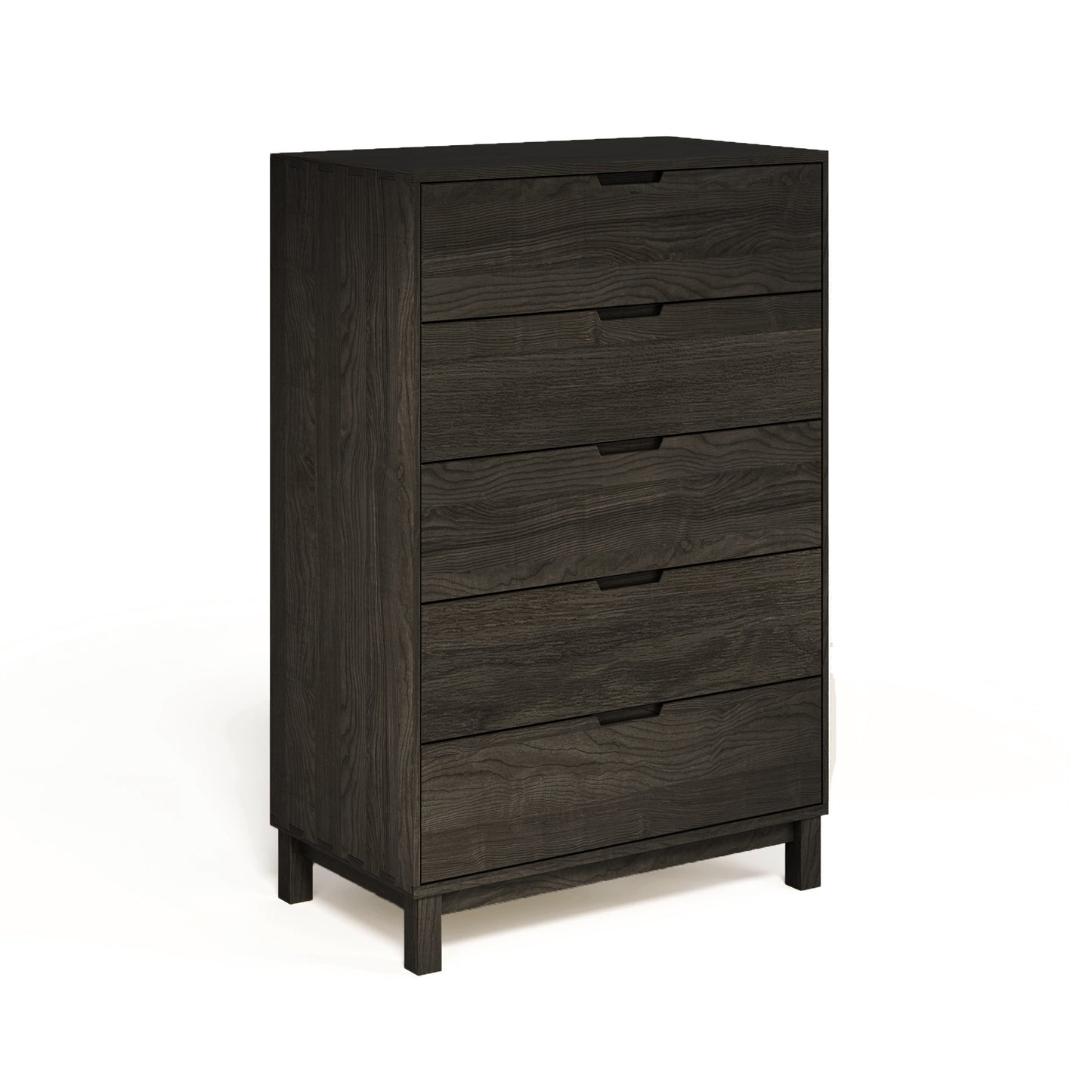 Oslo 5-Drawer Wide Chest by Copeland Furniture in solid oak with a dark wood finish and integrated handles.