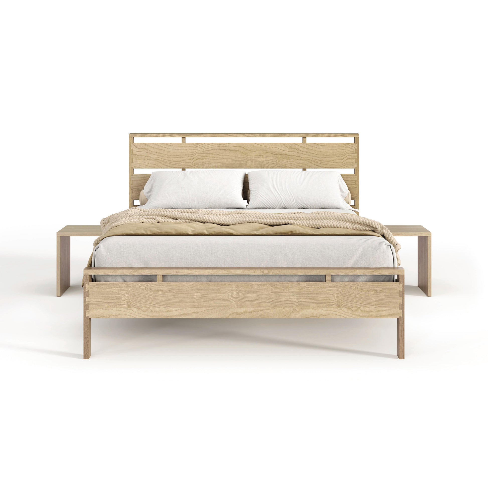 Copeland Furniture Oslo Platform Bed with solid oak frame and slatted headboard, shown with minimal bedding.