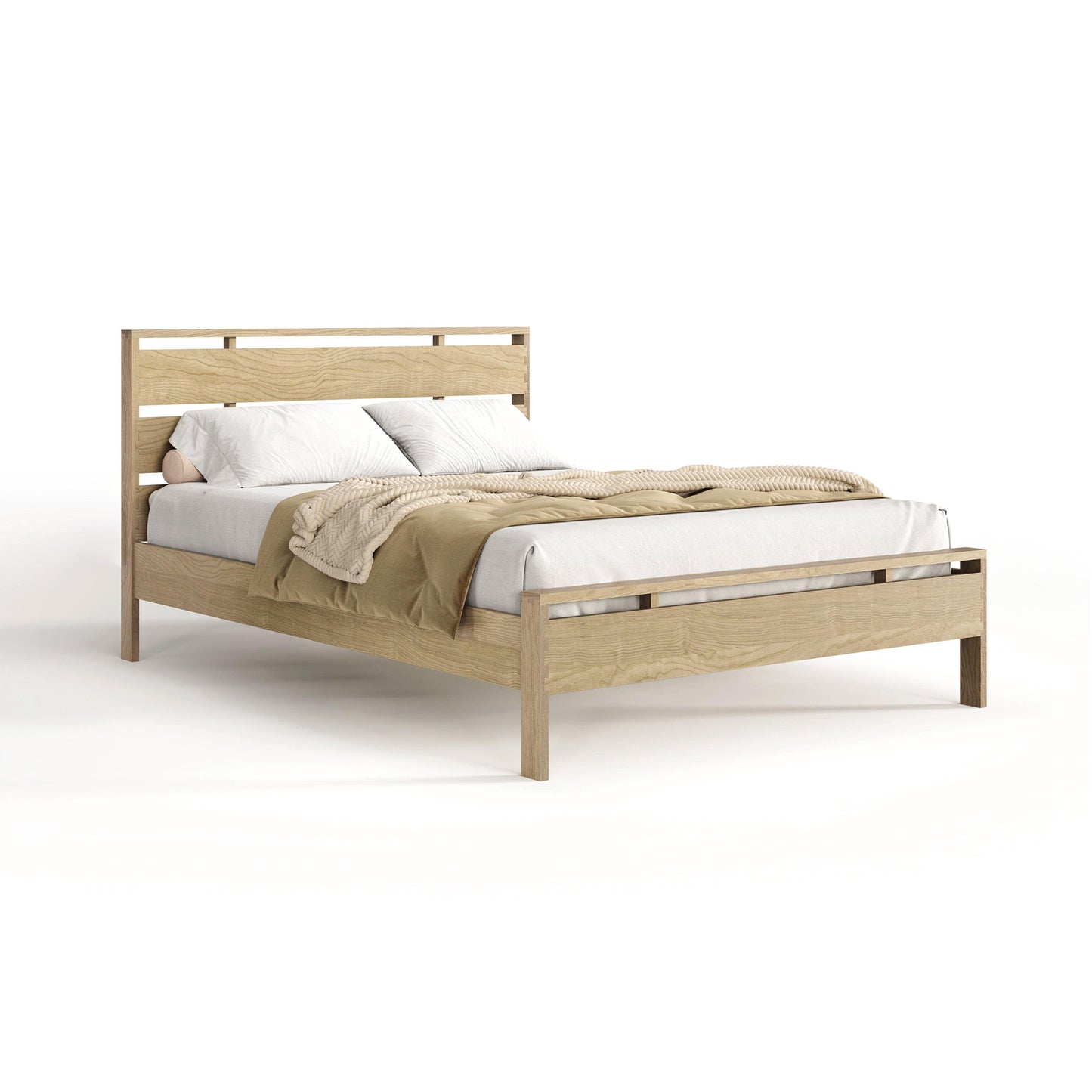 A solid oak hardwood bed frame from Copeland Furniture, with a headboard featuring light-colored bedding and a tan throw blanket in a white studio setting, known as the Copeland Furniture Oslo Platform Bed.