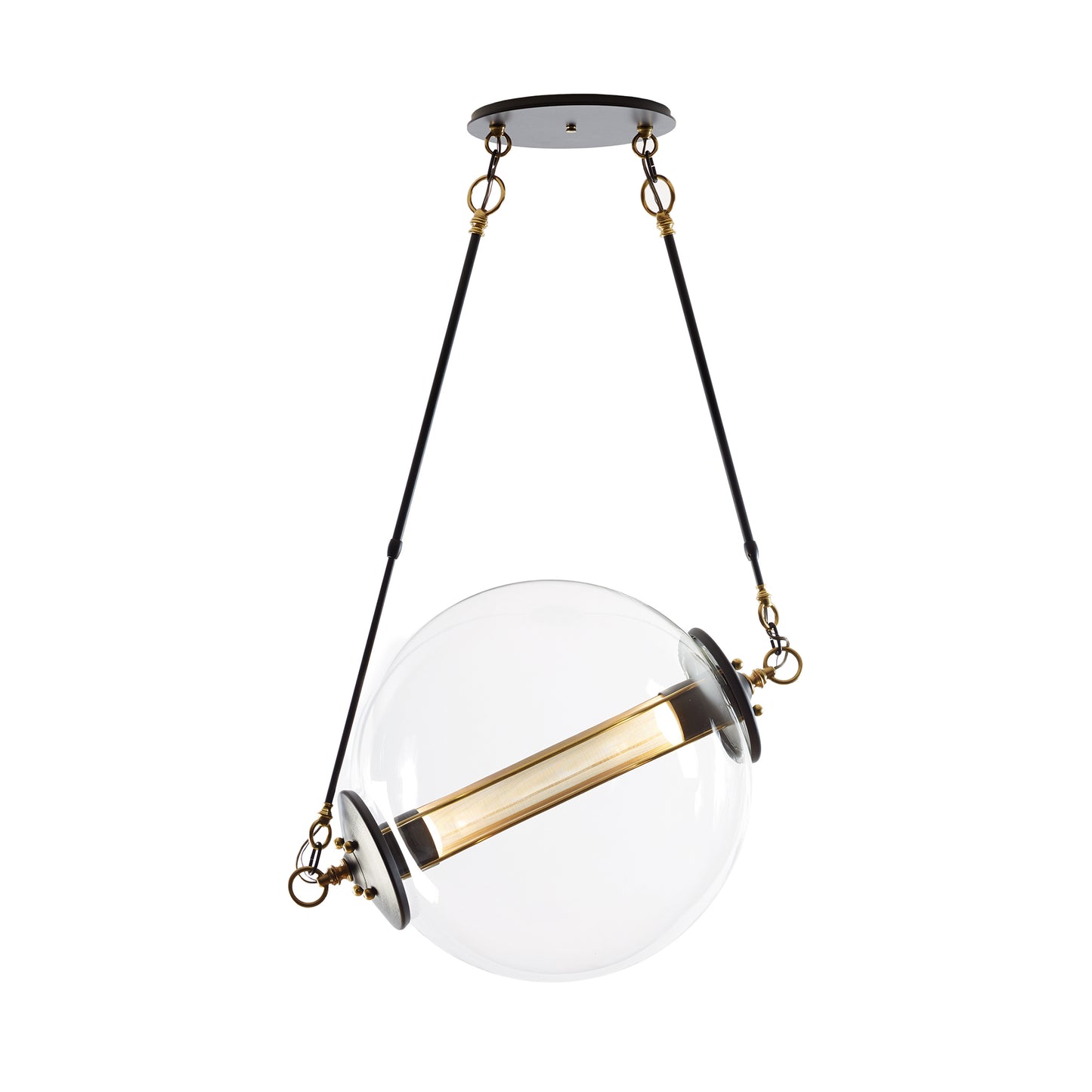 Hubbardton Forge Otto Sphere Pendant with clear globe, horizontal bulb, and gold-tone fittings.