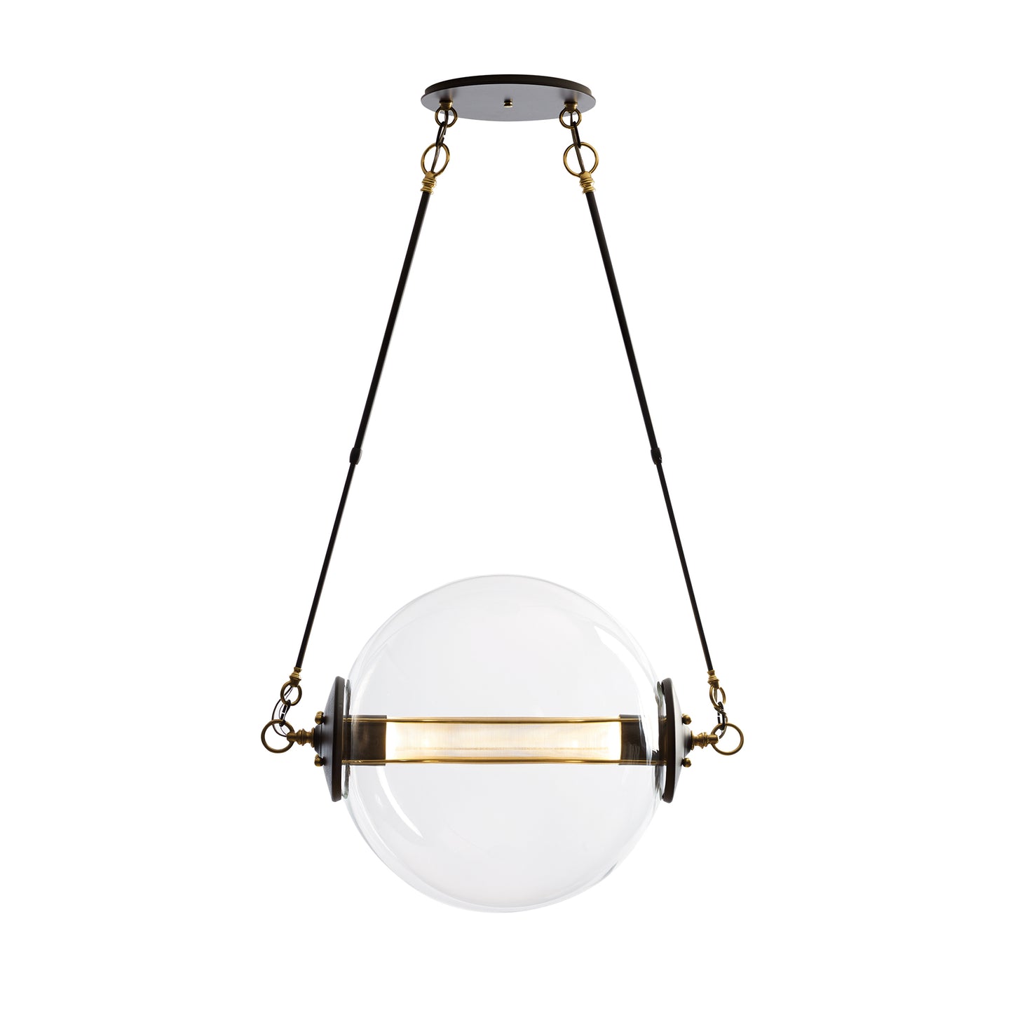 Otto Sphere Pendant by Hubbardton Forge, spherical glass light with gold accents and black cables, highlighting its elegant design.