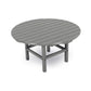 A round, gray POLYWOOD Outdoor 38" Conversation Table made from synthetic planks, supported by a sturdy, x-shaped metal base, isolated on a white background.