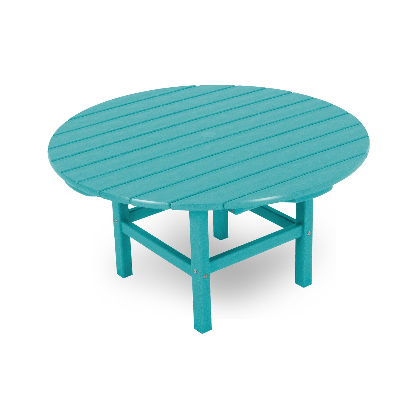 A round, turquoise POLYWOOD Outdoor 38" Conversation Table with horizontal plank design and four sturdy legs, isolated on a white background.
