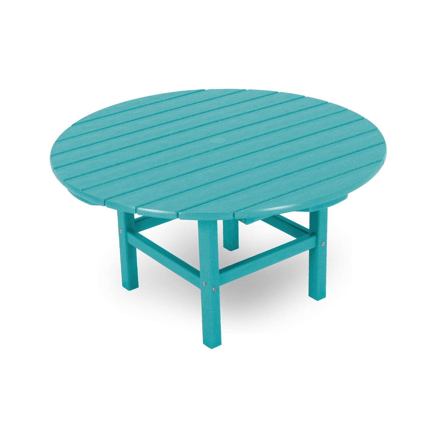 38-inch round POLYWOOD outdoor coffee table in teal, featuring a slatted top and sturdy legs.