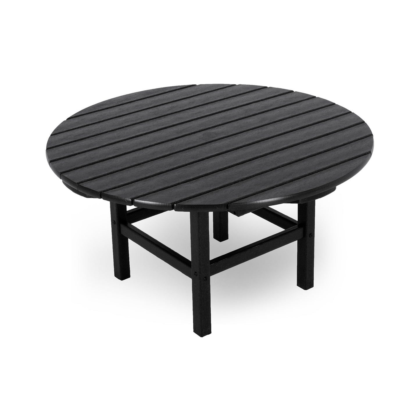 Round black POLYWOOD Outdoor 38" Conversation Table with sturdy legs, designed as a durable outdoor coffee table.