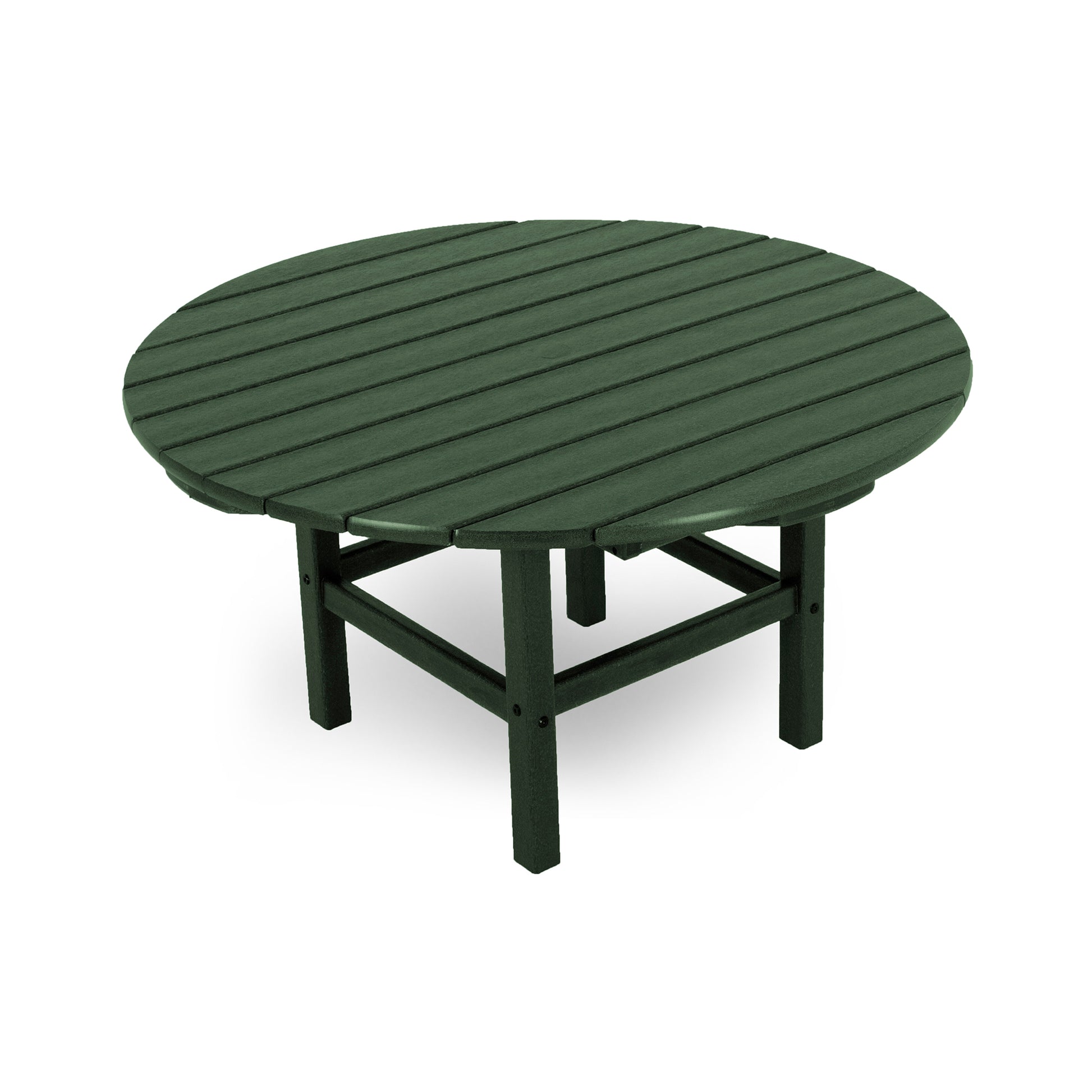 A round, green POLYWOOD® Outdoor 38" Conversation Table with horizontal slat top design and a sturdy base, isolated on a white background.