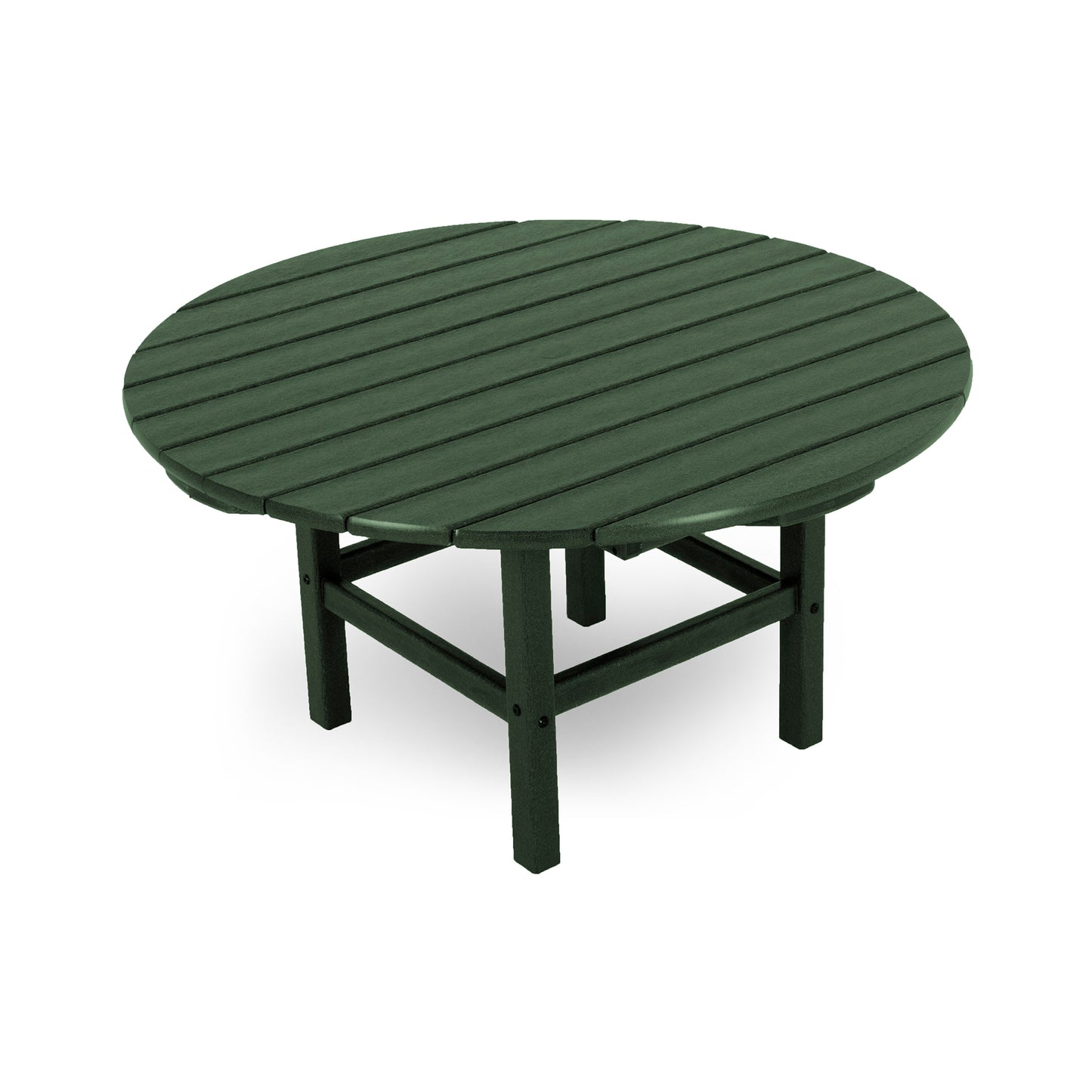 Round green POLYWOOD Outdoor 38" Conversation Table with a slatted wooden top, ideal for outdoor use.