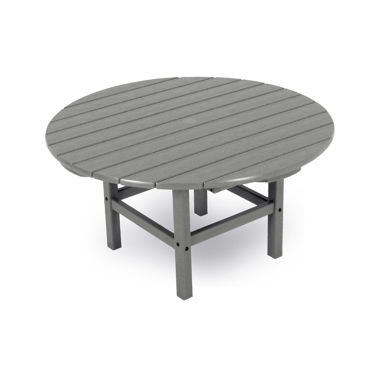 A round, grey, POLYWOOD® Outdoor 38" Conversation Table with horizontal slat top and sturdy legs, isolated on a white background.