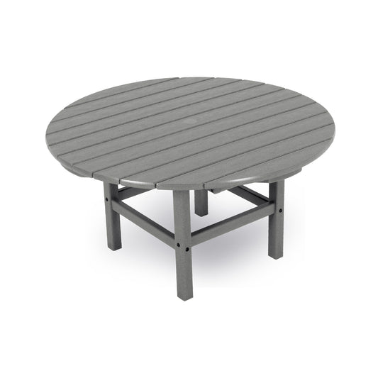 POLYWOOD Outdoor 38" Conversation Table with a gray slatted top and four sturdy legs.