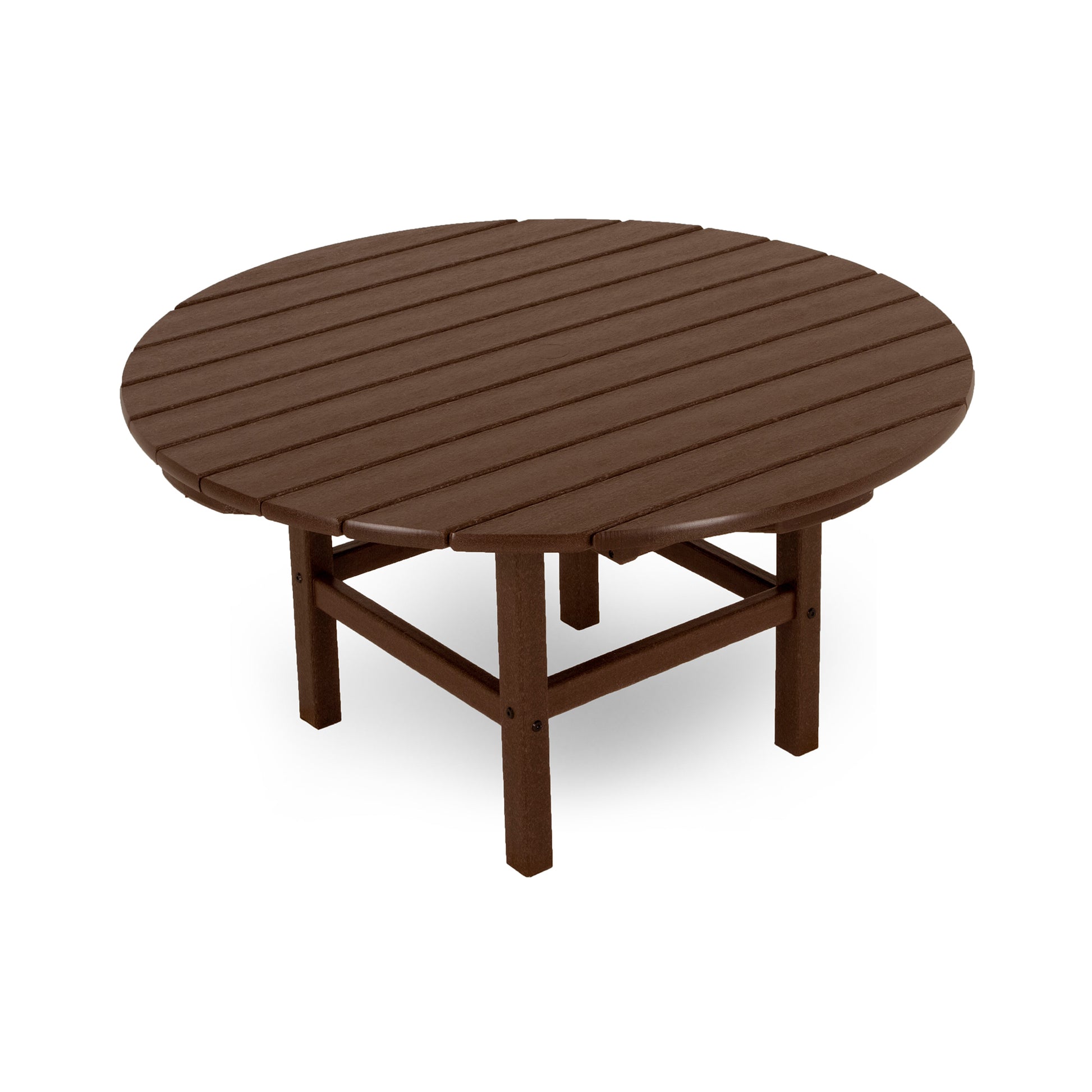 A round, brown POLYWOOD Outdoor 38" Conversation Table with a slatted top and sturdy legs, isolated on a white background.