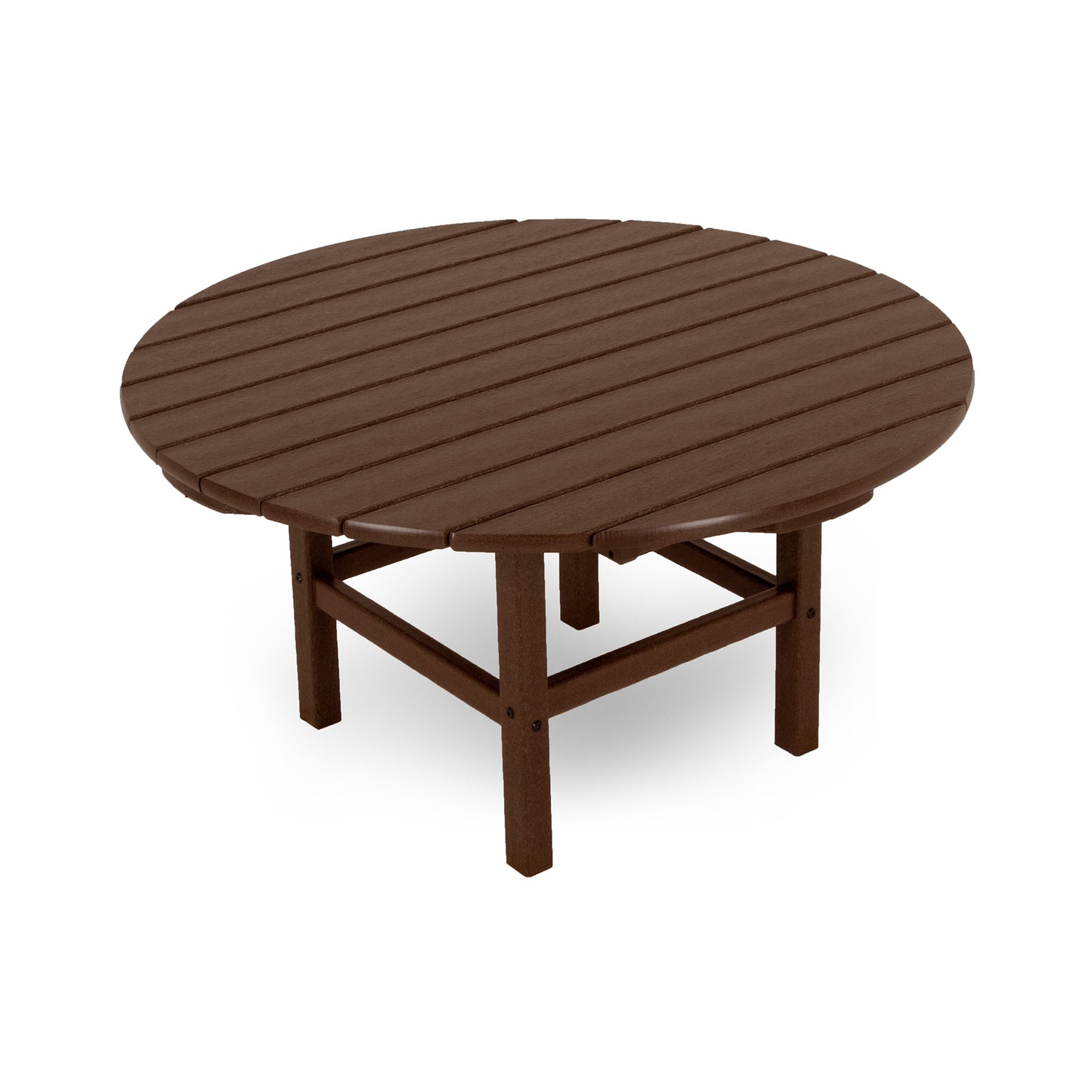 Round POLYWOOD Outdoor 38" Conversation Table with a slatted top and four sturdy legs.