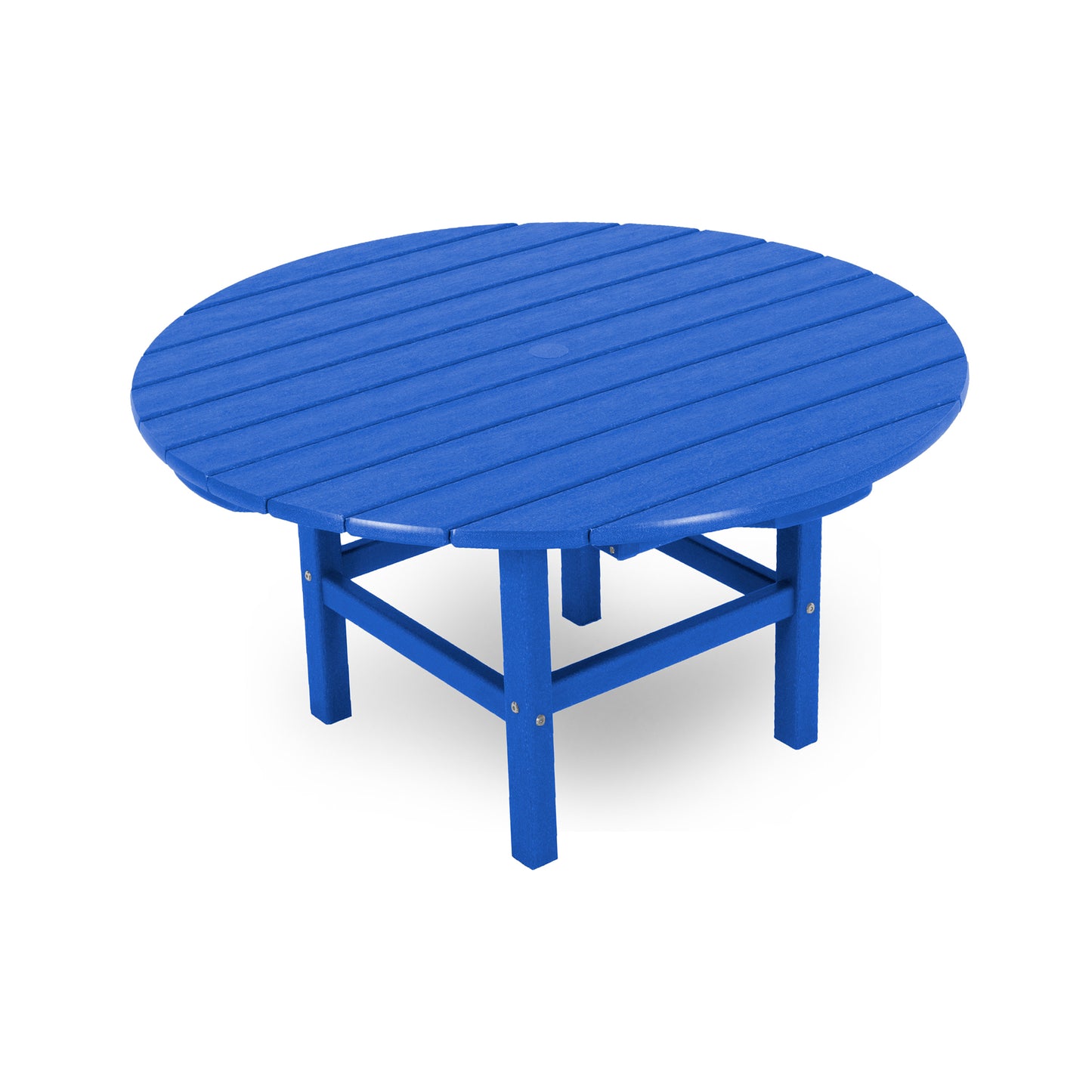 Bright blue POLYWOOD Outdoor 38" Conversation Table with a round, slatted design and four sturdy legs.