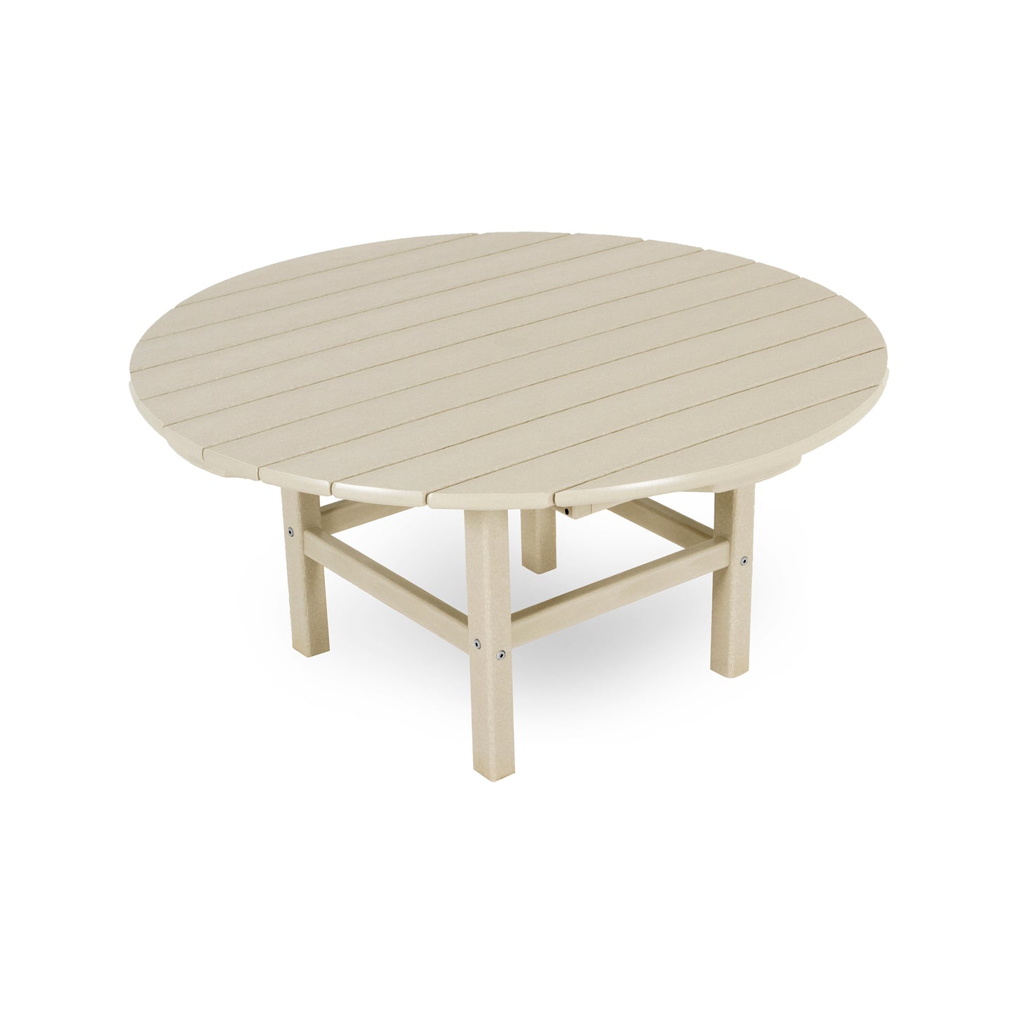 POLYWOOD Outdoor 38" Conversation Table, round beige wood with plank top and sturdy four-leg design.