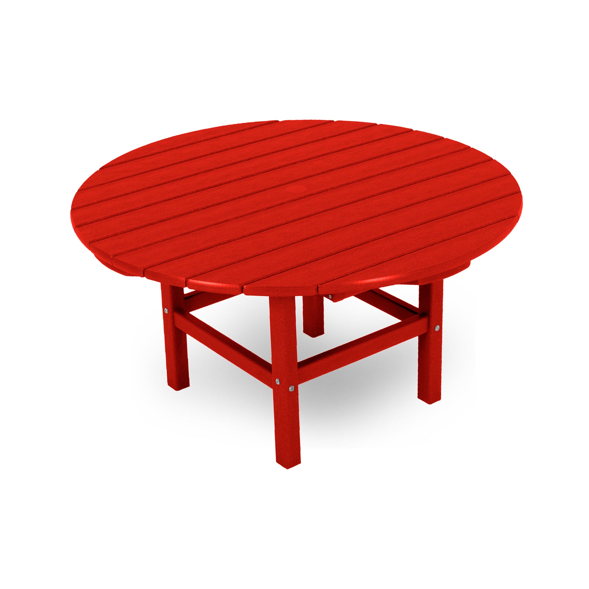 A red round POLYWOOD® picnic table with attached benches on a white background.