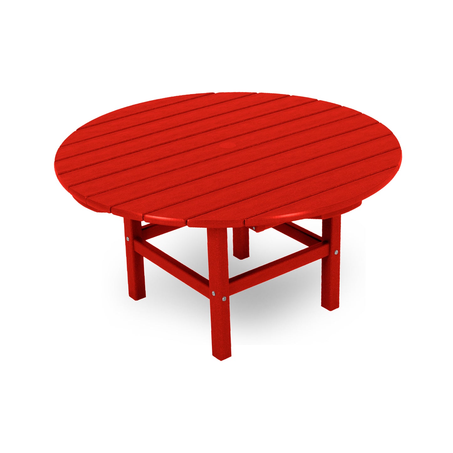 Round red POLYWOOD Outdoor 38" Conversation Table with slatted top, ideal for outdoor settings.
