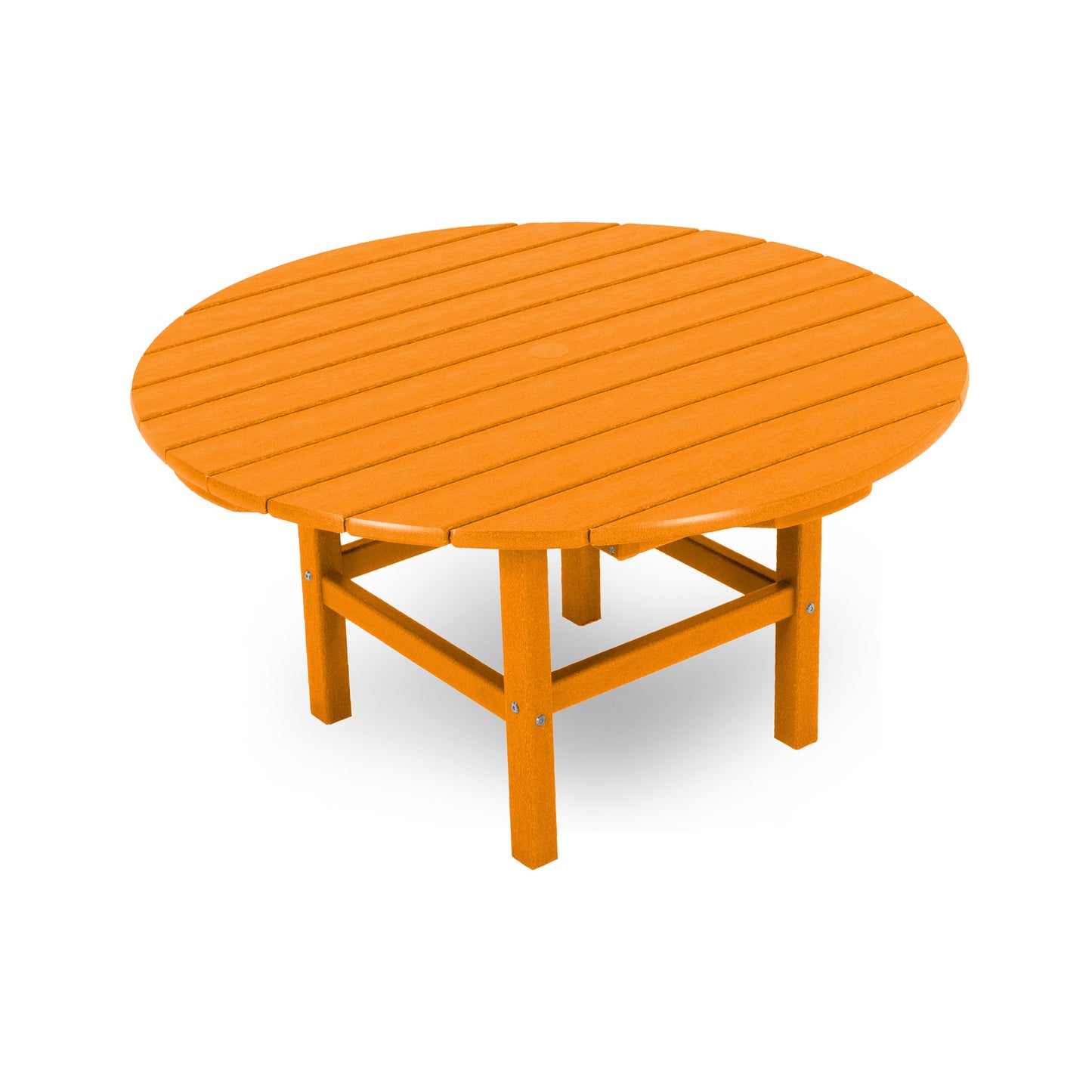 Round orange POLYWOOD conversation table with slatted top and four sturdy legs.