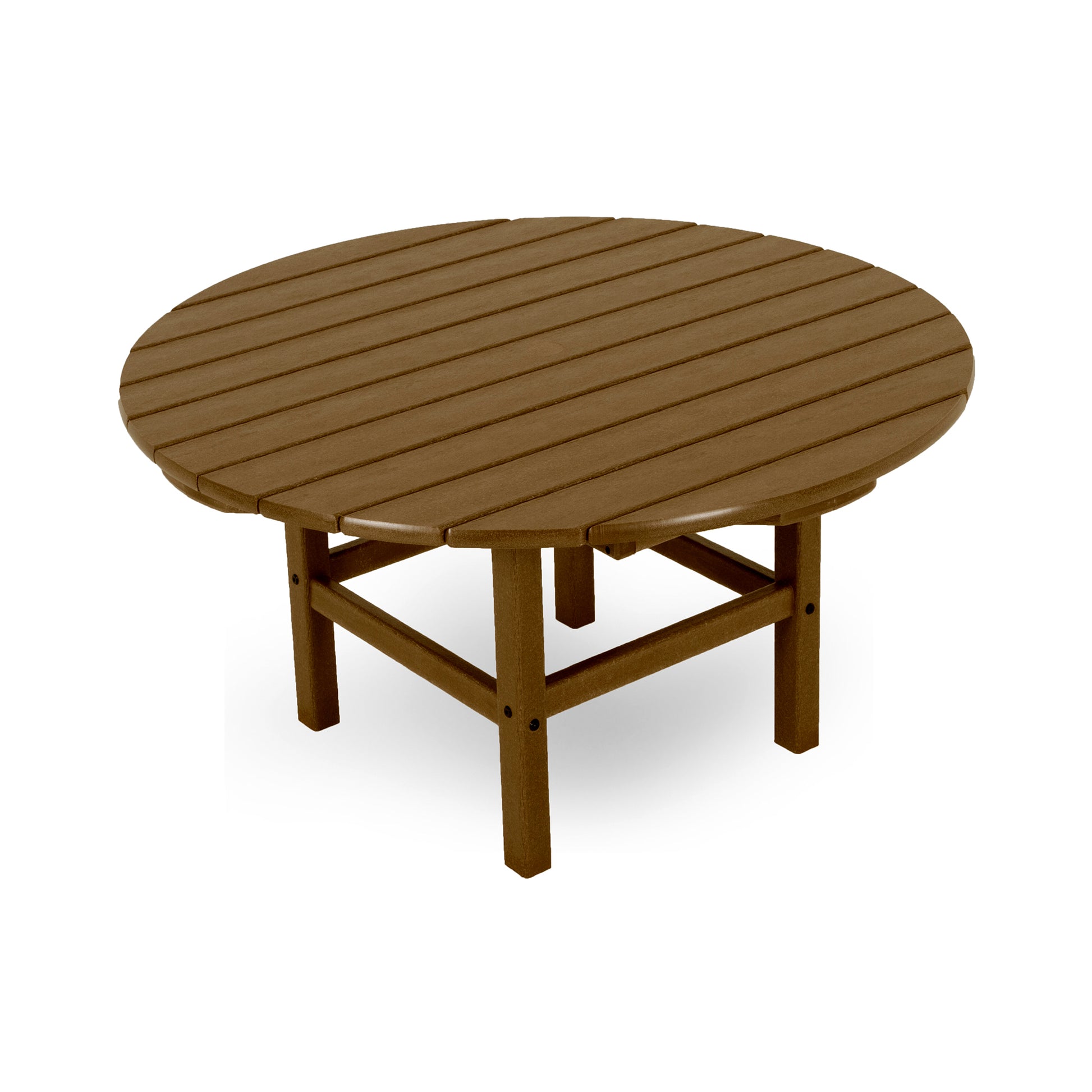 A round, POLYWOOD® Outdoor 38" Conversation Table with horizontal plank design and four legs, set against a white background.