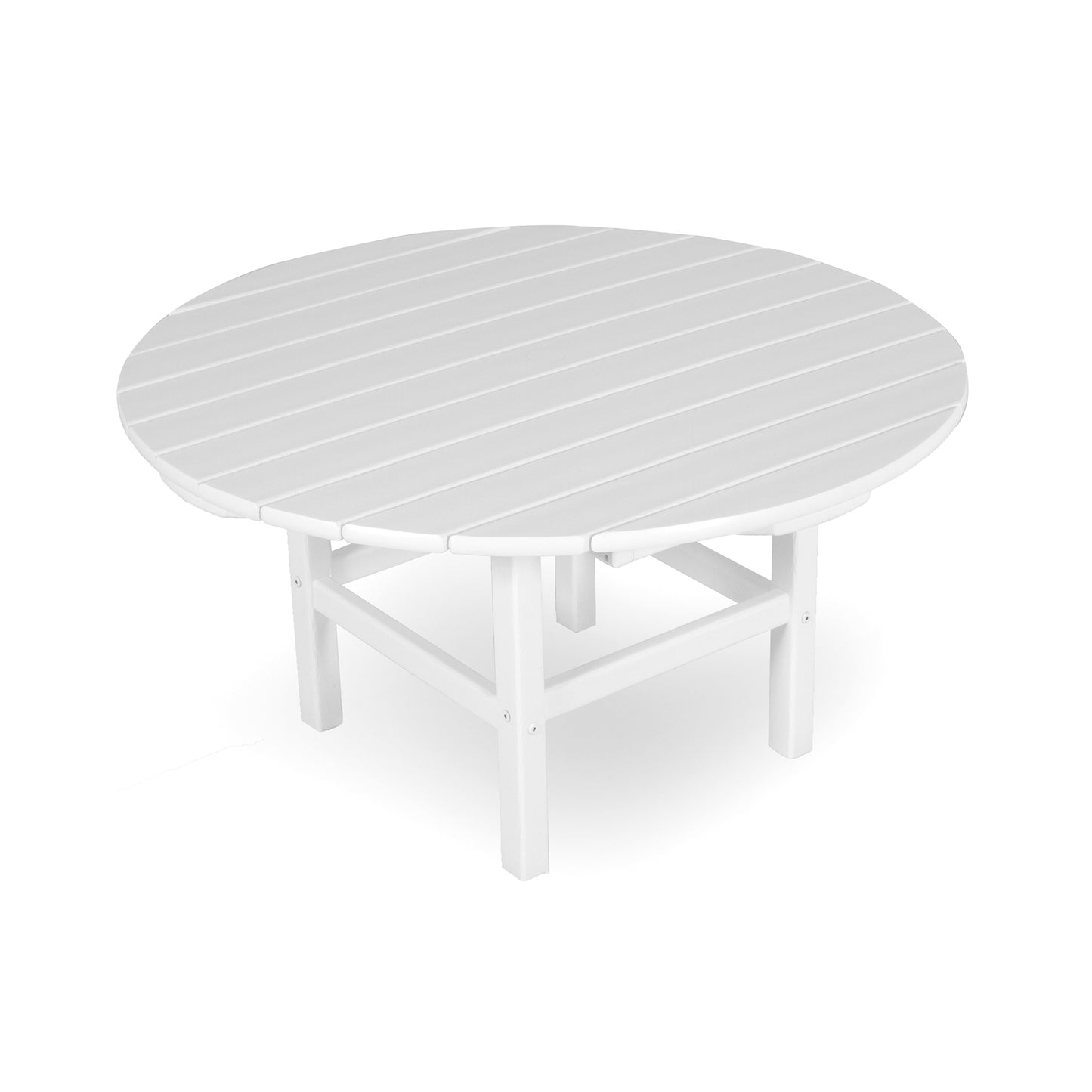 A round, white POLYWOOD® Outdoor 38" Conversation Table with horizontal slatted top and sturdy legs, set against a plain white background.