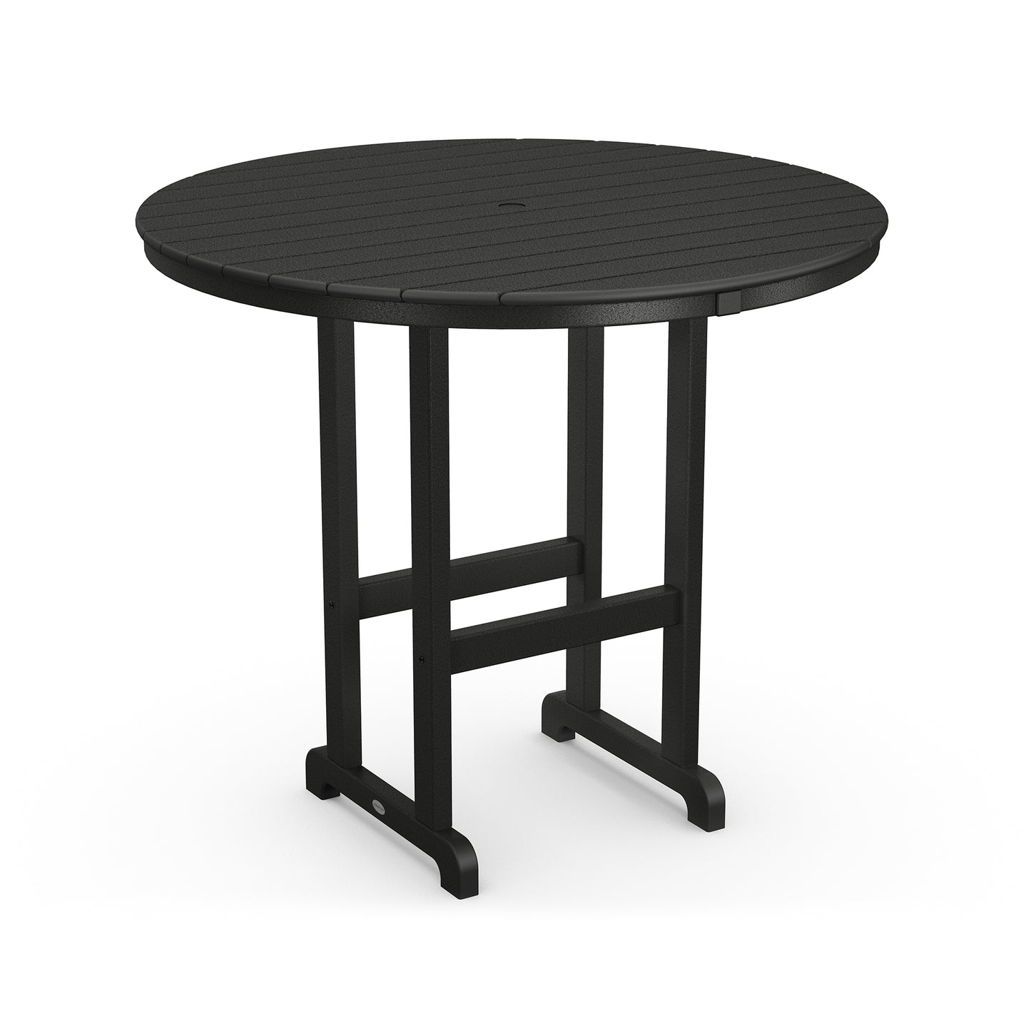 Black POLYWOOD Outdoor 48" Round Bar Table featuring a weather-resistant slatted surface and sturdy legs.