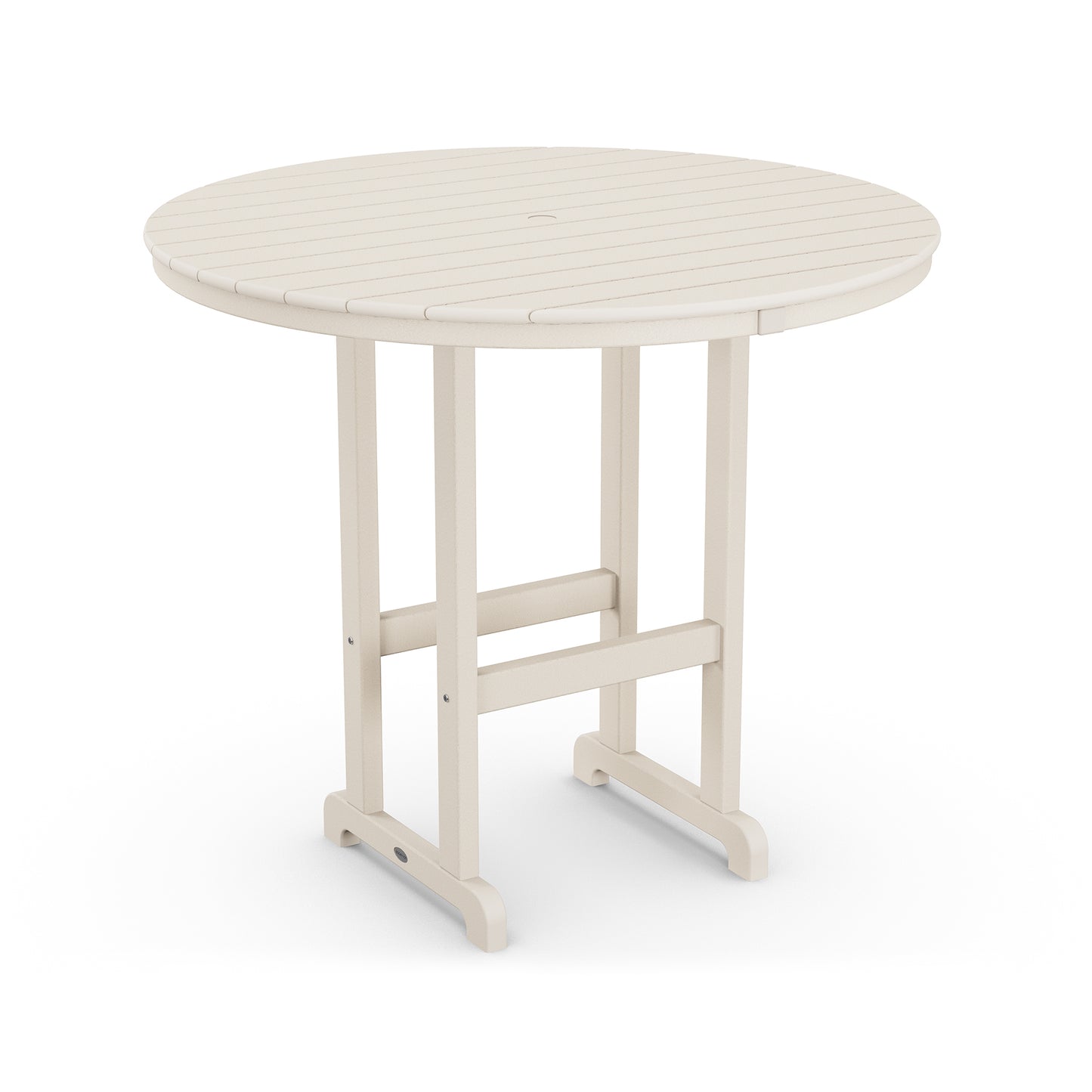 White POLYWOOD Outdoor 48" Round Bar Table with slatted top and four sturdy legs.
