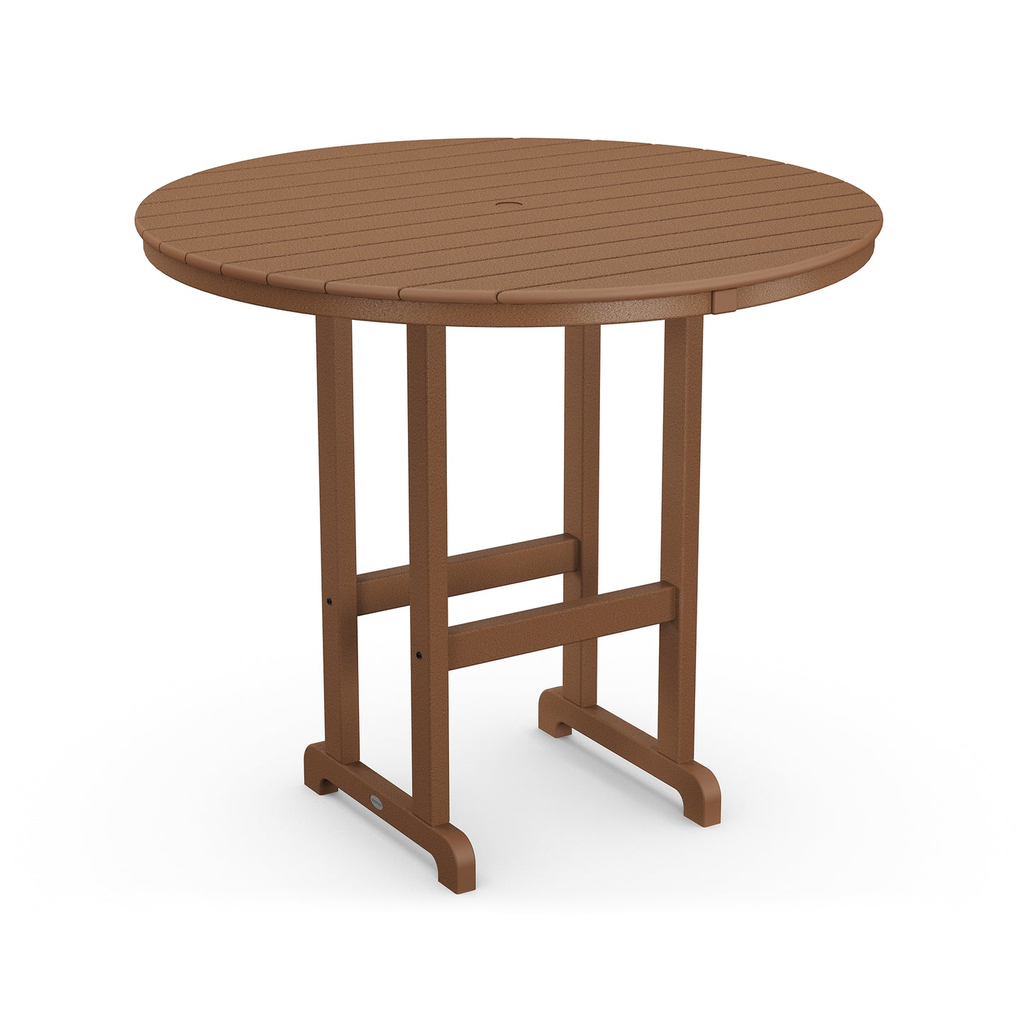 48" round POLYWOOD® bar table featuring a weather-resistant slatted top and robust legs with crossbar support.