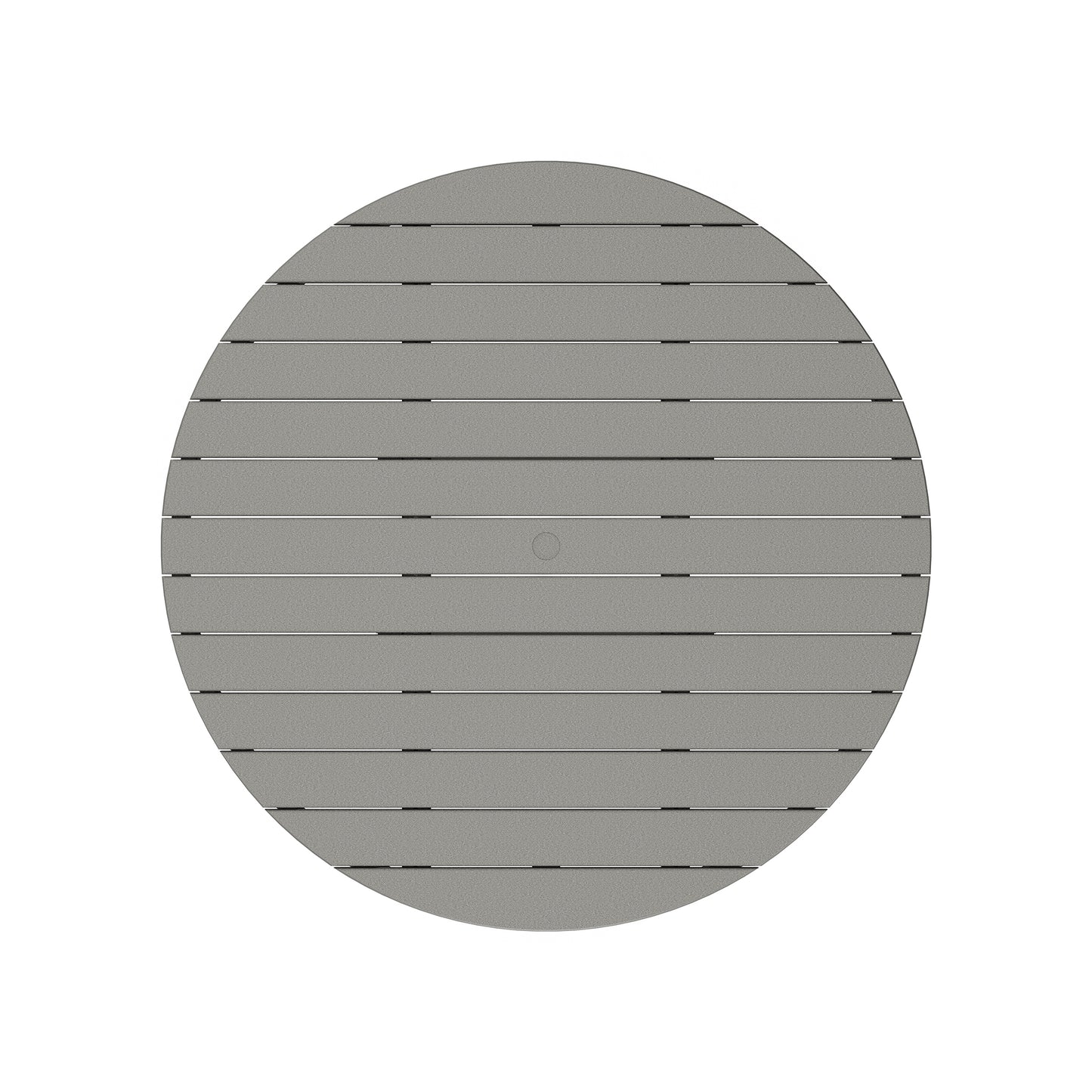 Circular grey structure with an array of horizontal slats, featuring a central circular indentation. The design is minimalistic and symmetrical, perfect as a POLYWOOD Outdoor 48" Round Dining Table.