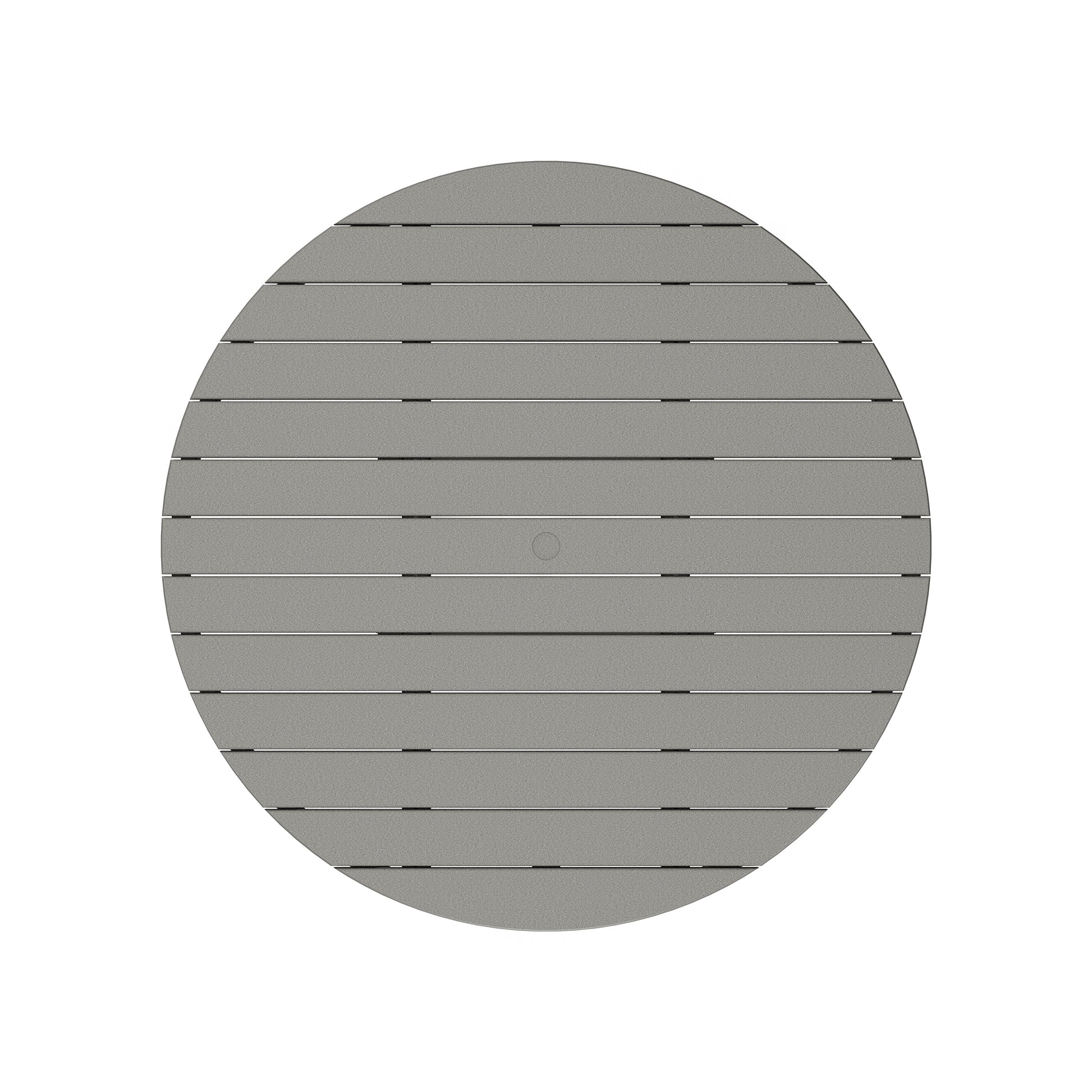 Circular grey structure with an array of horizontal slats, featuring a central circular indentation. The design is minimalistic and symmetrical, perfect as a POLYWOOD Outdoor 48" Round Dining Table.