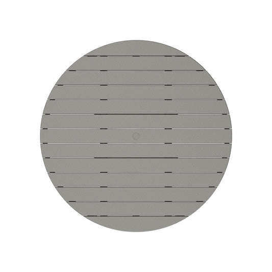 Gray POLYWOOD Outdoor 48" Round Dining Table with slatted design, weather-resistant for outdoor dining.