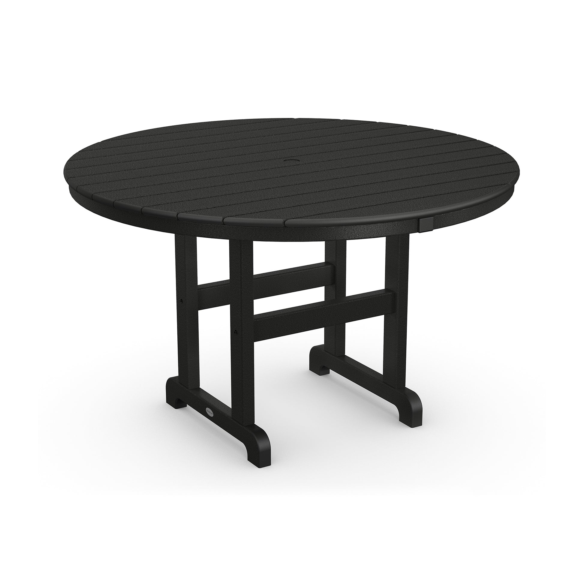 A round, black POLYWOOD® Outdoor 48" Round Dining Table with a slatted top and sturdy legs on a plain white background.