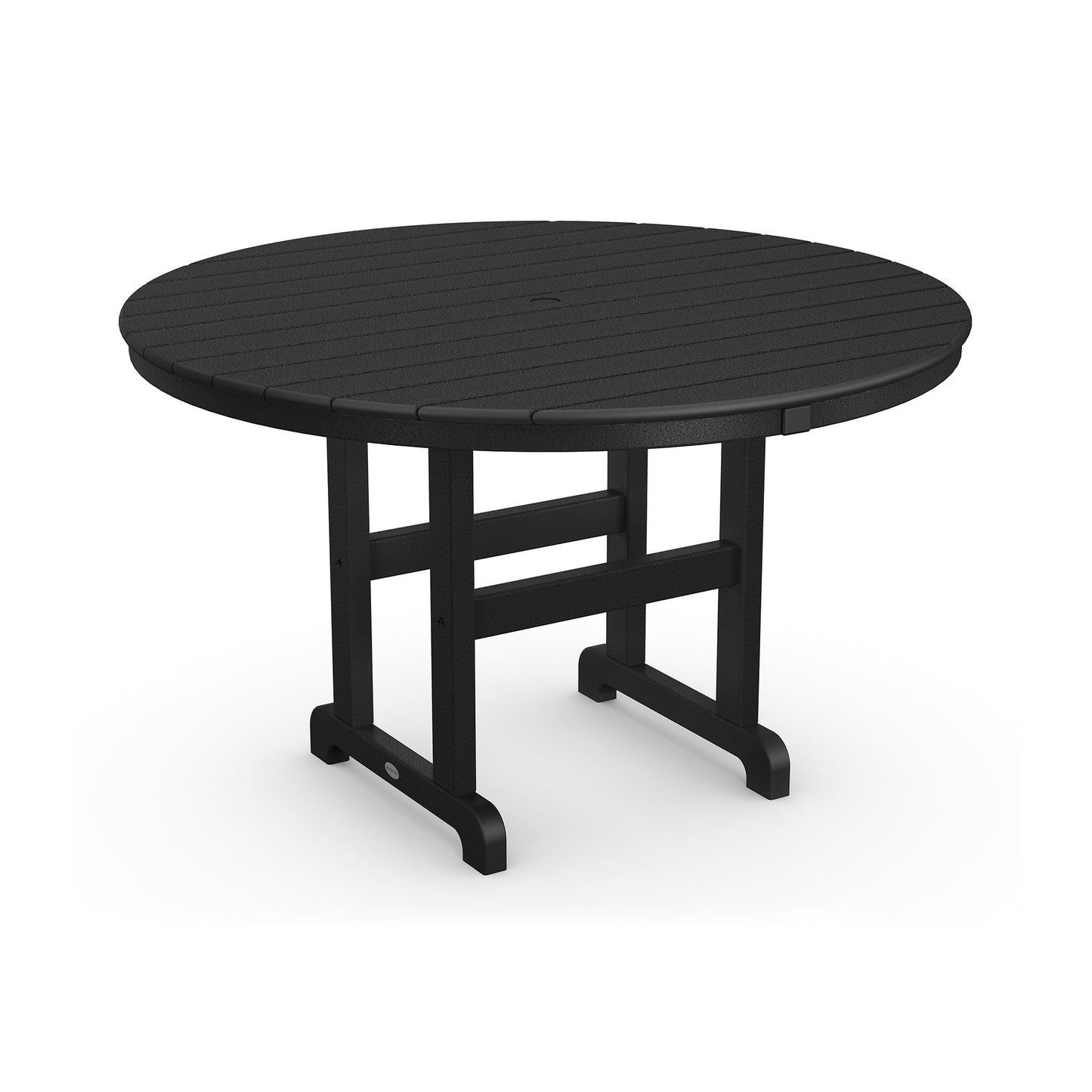 Black POLYWOOD Outdoor 48" Round Dining Table with slatted design and four-legged base.