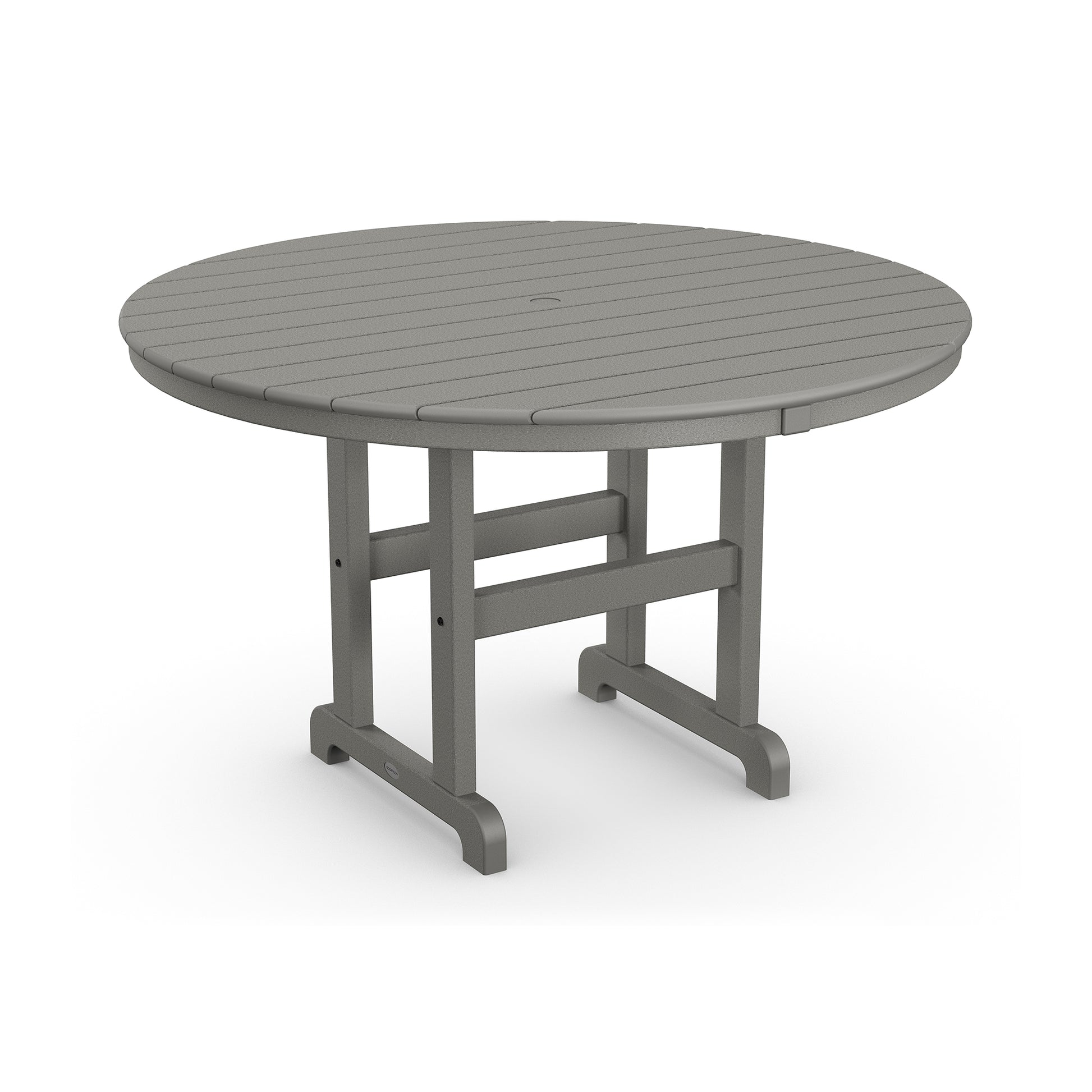 A round, gray POLYWOOD® Outdoor 48" Round Dining Table made of planks with a sturdy four-legged base, shown on a white background.