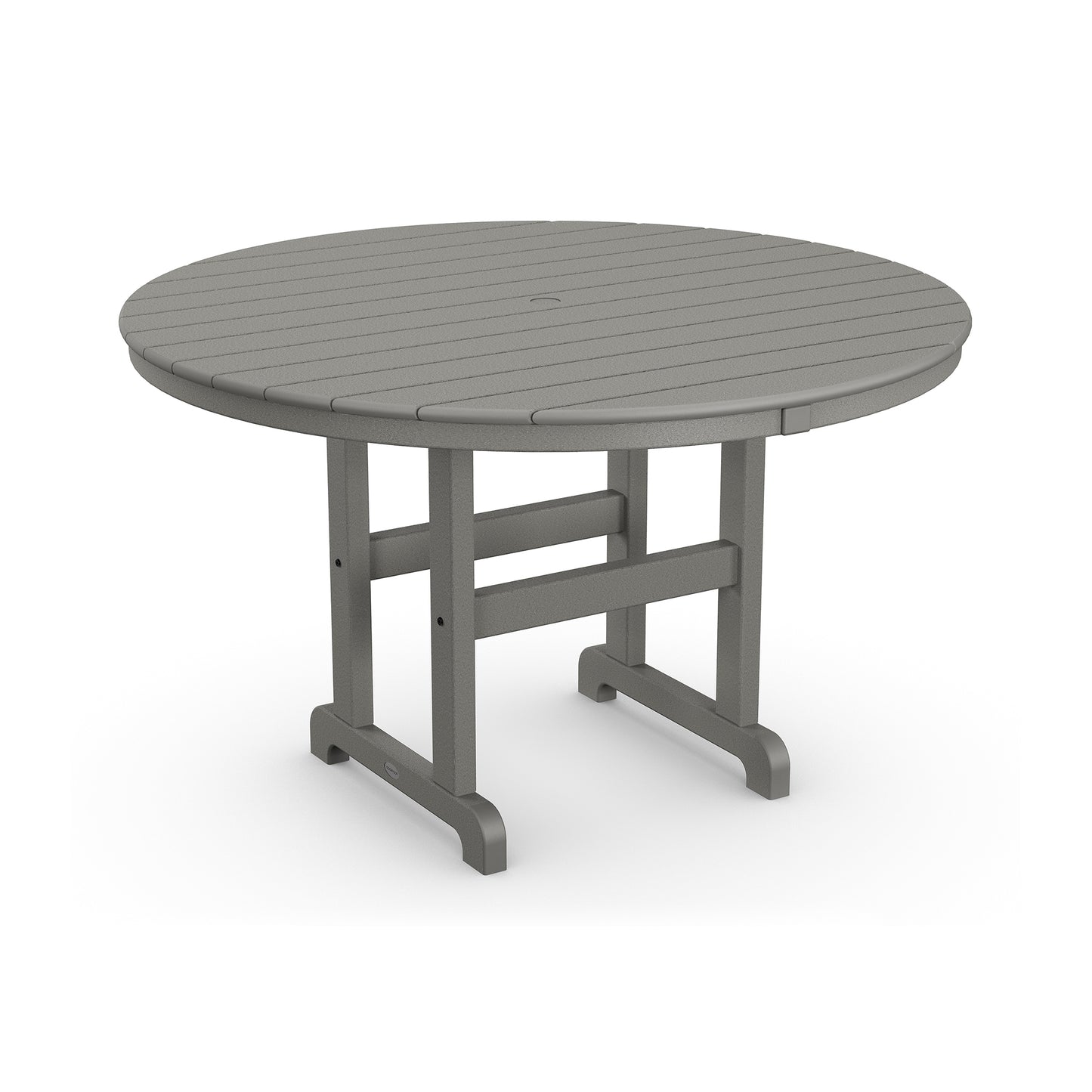 Gray POLYWOOD Outdoor 48" Round Dining Table with slatted design and weather-resistant legs.