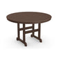 A round, brown, POLYWOOD® Outdoor 48" Round Dining Table with a slatted top and sturdy crossed leg support, presented on a plain white background.