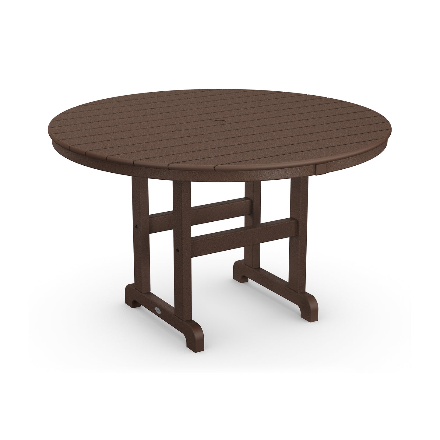POLYWOOD 48" round dining table featuring a slatted top and sturdy legs, perfect for outdoor use.