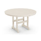 A round, beige POLYWOOD® Outdoor 48" Round Dining Table isolated on a white background. The table features a simple, streamlined design with visible hinges for collapsibility.
