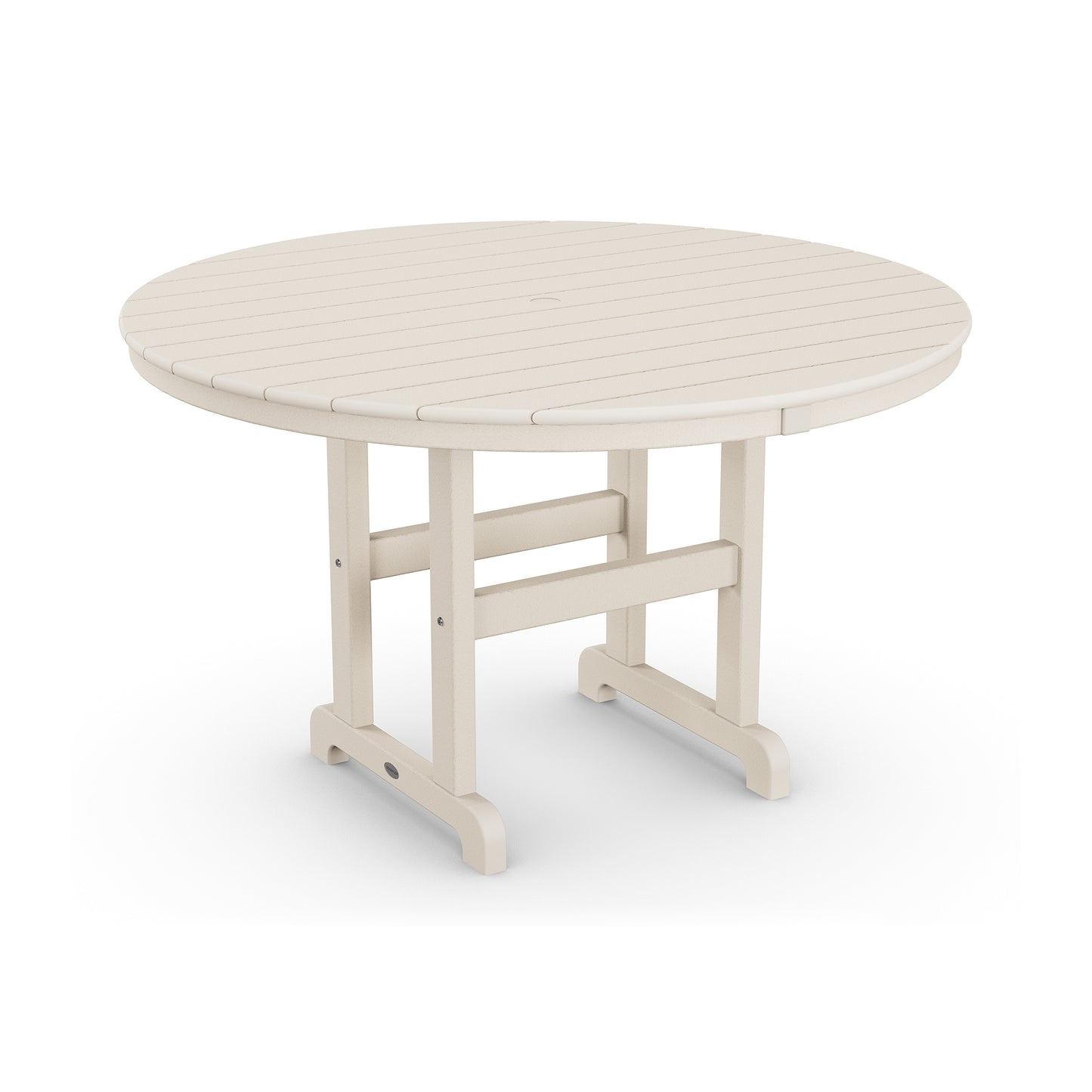 A round, beige POLYWOOD® Outdoor 48" Round Dining Table isolated on a white background. The table features a simple, streamlined design with visible hinges for collapsibility.