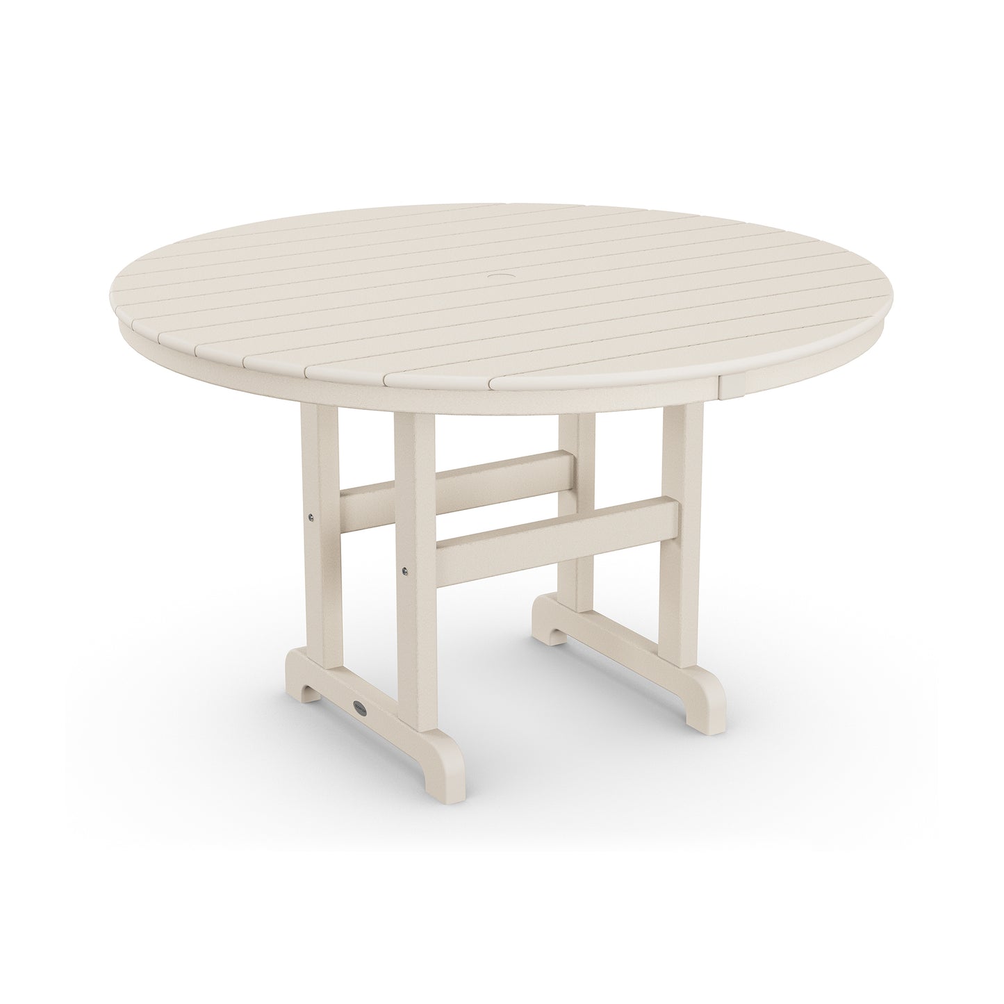 POLYWOOD Outdoor 48" Round Dining Table in beige with plank design and sturdy legs for outdoor dining.
