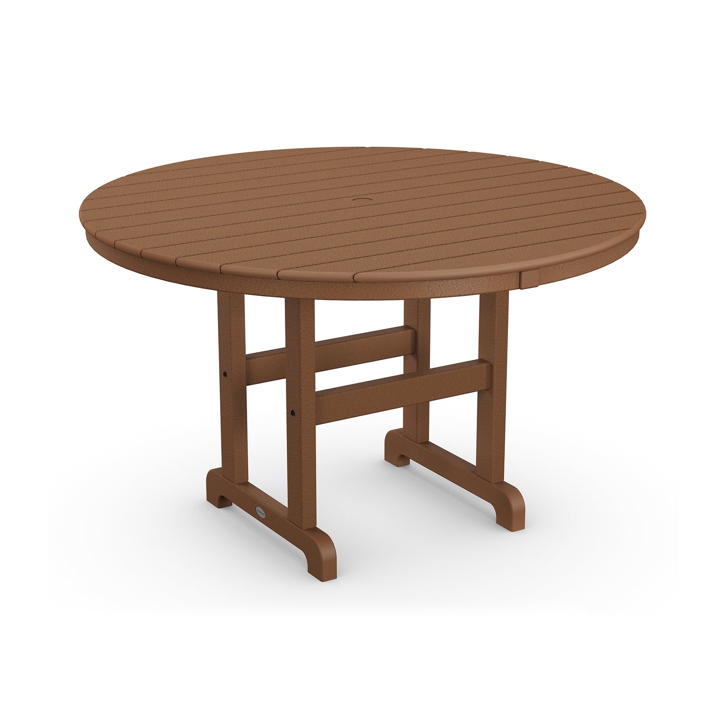 A 3D rendering of a round, brown POLYWOOD® outdoor dining table with slatted top and sturdy legs, isolated on a white background.