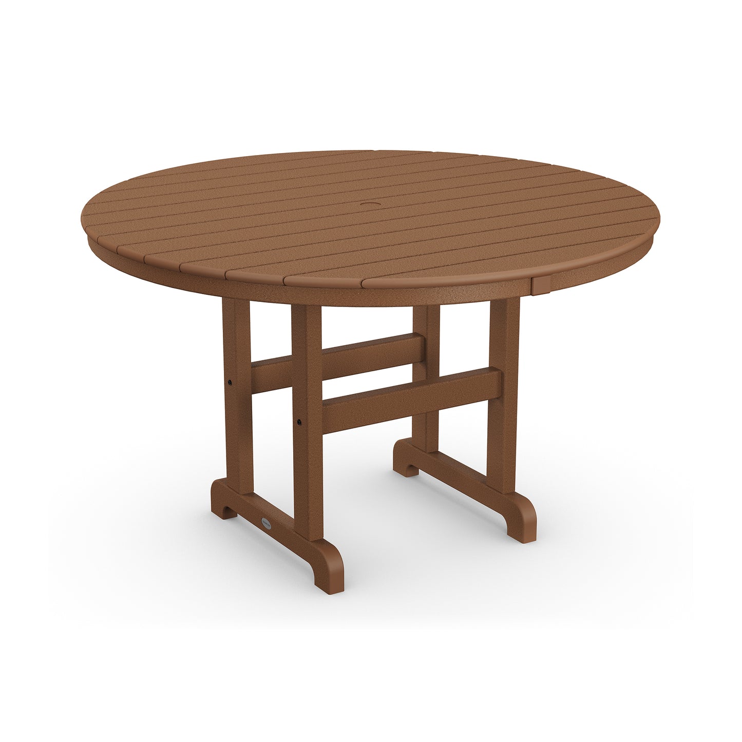 Round brown POLYWOOD outdoor dining table with a 48" slatted design and sturdy legs.