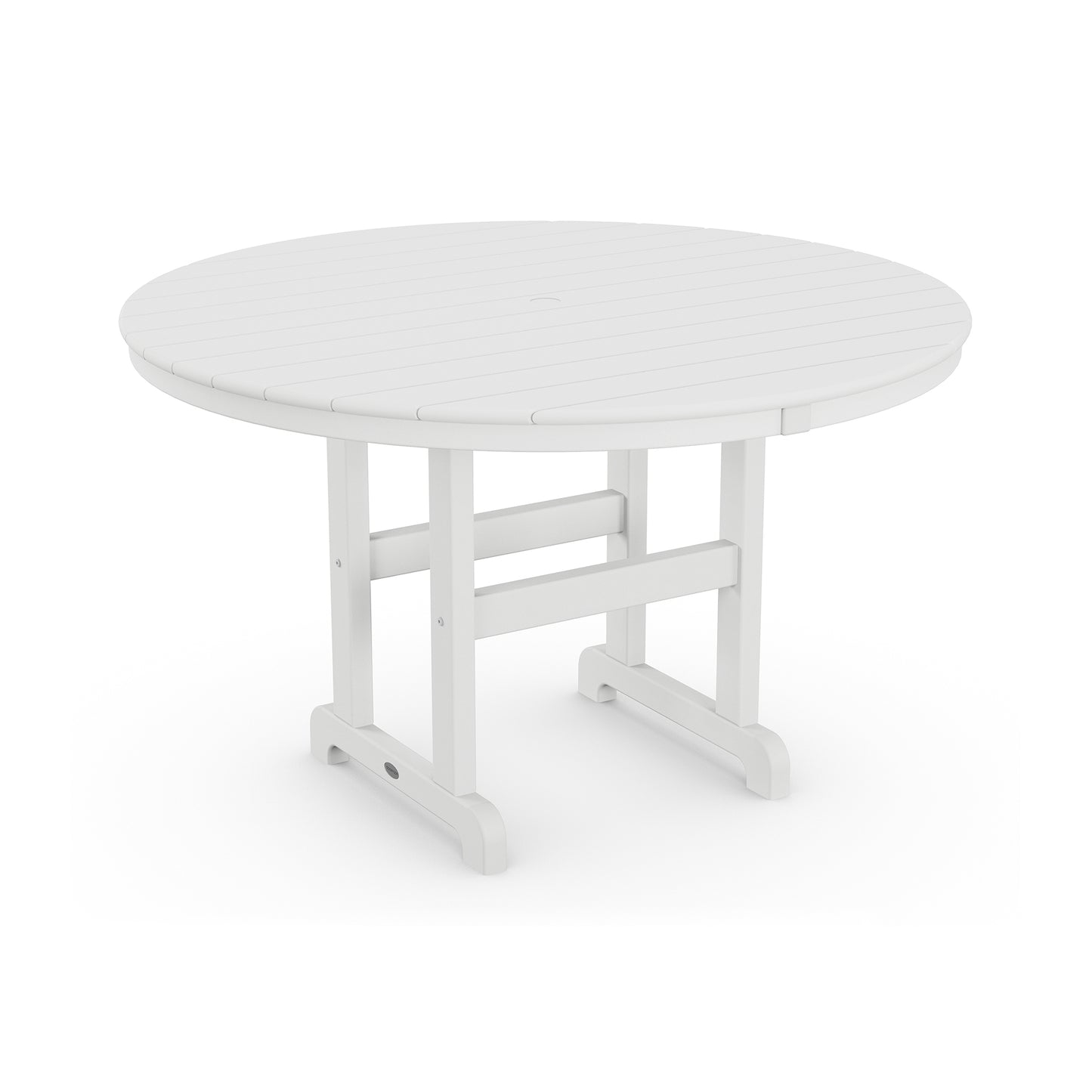 Round white POLYWOOD outdoor dining table with a 48" slatted design and weather-resistant legs.