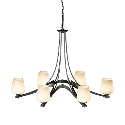A Hubbardton Forge Oval Ribbon 6-Arm Chandelier with frosted glass shades.
