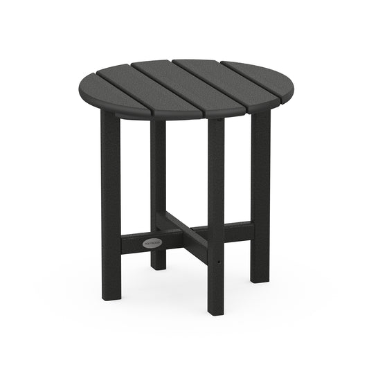 A 3D rendering of a POLYWOOD 18" Round Side Table with black slatted top and sturdy legs, designed as weather-resistant patio furniture, isolated on a white background.