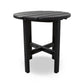A round black POLYWOOD® 18" outdoor side table made of synthetic planks and featuring a cross-brace support, pictured against a white background.