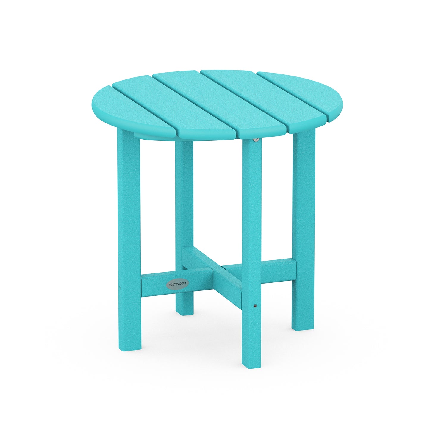 A simple, modern aqua blue POLYWOOD® 18" Round Side Table with a round seat composed of horizontal slats and four sturdy legs, isolated on a white background.