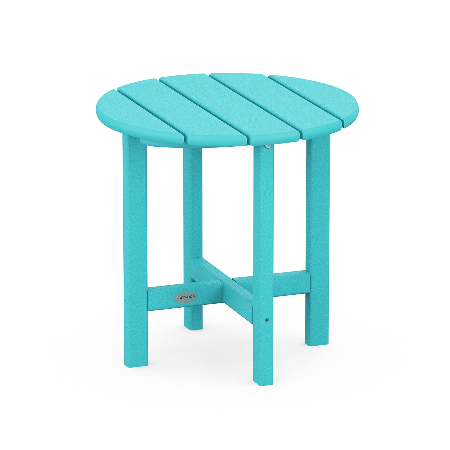 Turquoise POLYWOOD 18" round side table with a slatted top, ideal for outdoor settings.