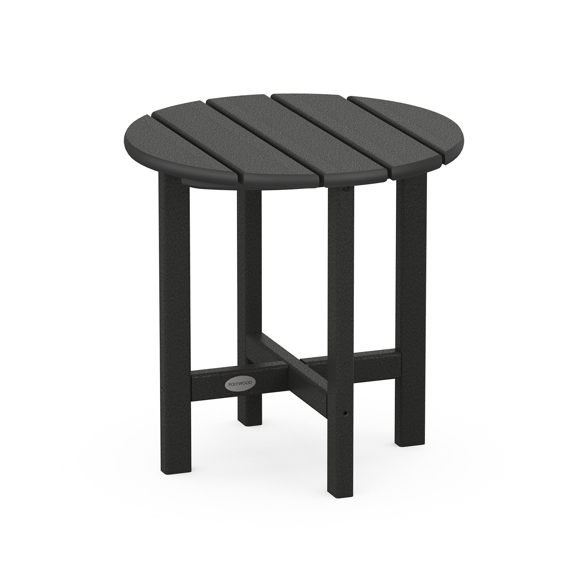 A modern black POLYWOOD 18" Round Side Table made of durable POLYWOOD material with a textured finish, supported by four sturdy legs, depicted on a plain white background.