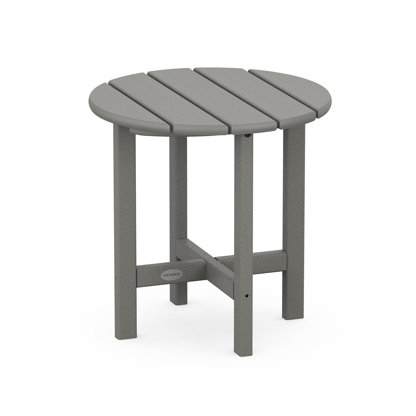 A 3D rendering of a modern POLYWOOD® 18" Round Side Table with three grey, rectangular, slatted top sections supported by a sturdy, triangular leg structure, isolated on a white background.
