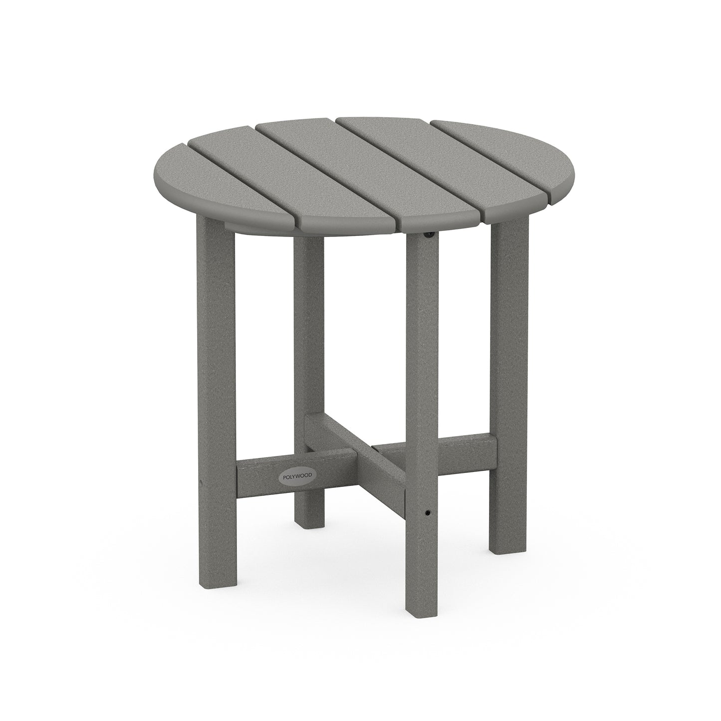 Gray POLYWOOD round side table with slatted top and four sturdy legs for outdoor durability.