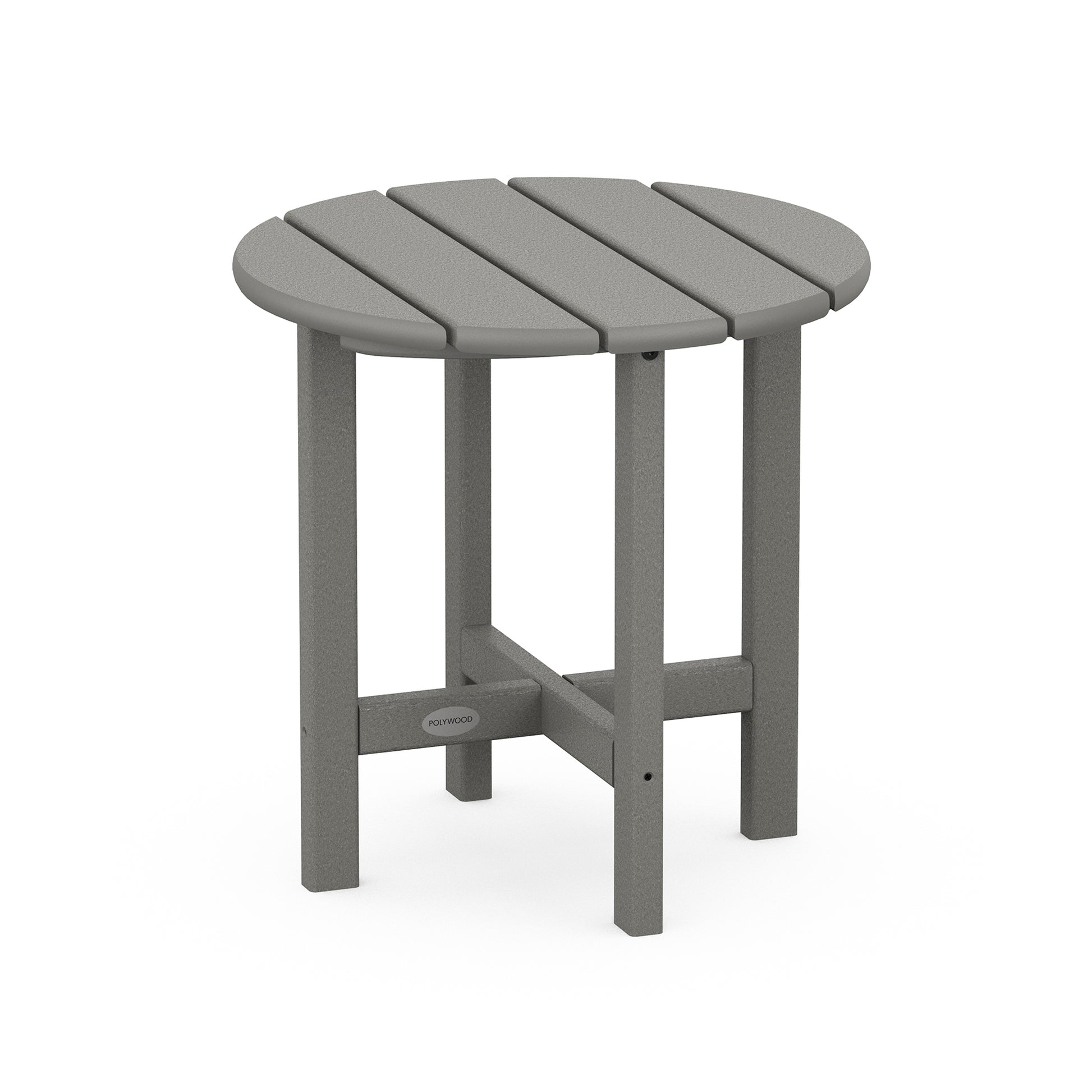 Gray POLYWOOD round side table with slatted top and four sturdy legs for outdoor durability.